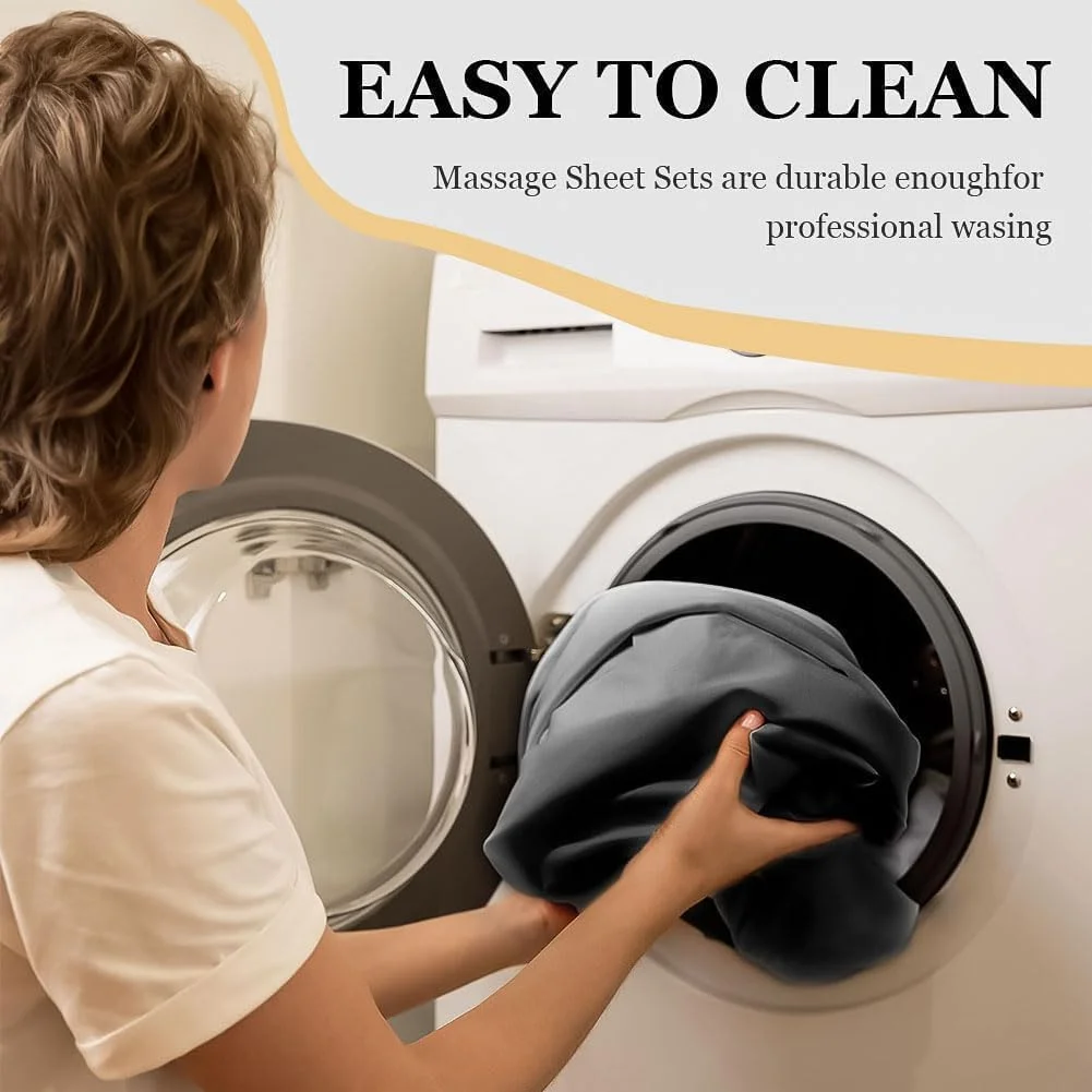 ست ملحفه تخت ماساژ لینن، ست 3 تکه روکش تخت ماساژ ممتاز - شامل ملحفه کش دار، ملحفه تخت و روکش جای صورت، نرم و مقاوم در برابر چروک، تنفس پذیر، مشکی
