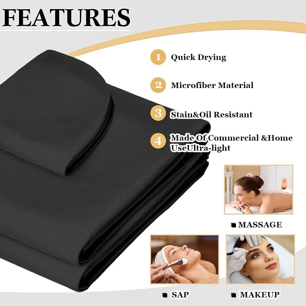 ست ملحفه تخت ماساژ لینن، ست 3 تکه روکش تخت ماساژ ممتاز - شامل ملحفه کش دار، ملحفه تخت و روکش جای صورت، نرم و مقاوم در برابر چروک، تنفس پذیر، مشکی