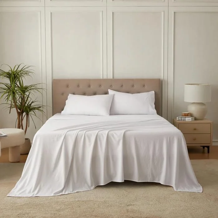 ست ملحفه تخت خواب لوکس، ست روتختی 4 تکه شامل 1 ملحفه کش دار، 1 ملحفه تخت، 2 روبالشی، هتل لاین، سایز کینگ (سفید) ست ملحفه تخت خواب لوکس، ست روتختی 4 تکه شامل 1 ملحفه کش دار، 1 ملحفه تخت، 2 روبالشی، هتل لاین، سایز کینگ (سفید)