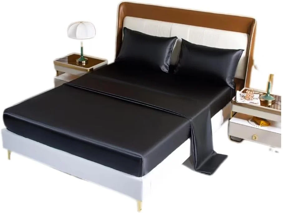 ملحفه های ساتن تخت خواب، ست ملحفه ساتن 4 تکه با جیب های عمیق، خنک کننده، نرم و لوکس ابریشمی - مشکی ملحفه های ساتن تخت خواب، ست ملحفه ساتن 4 تکه با جیب های عمیق، خنک کننده، نرم و لوکس ابریشمی - مشکی