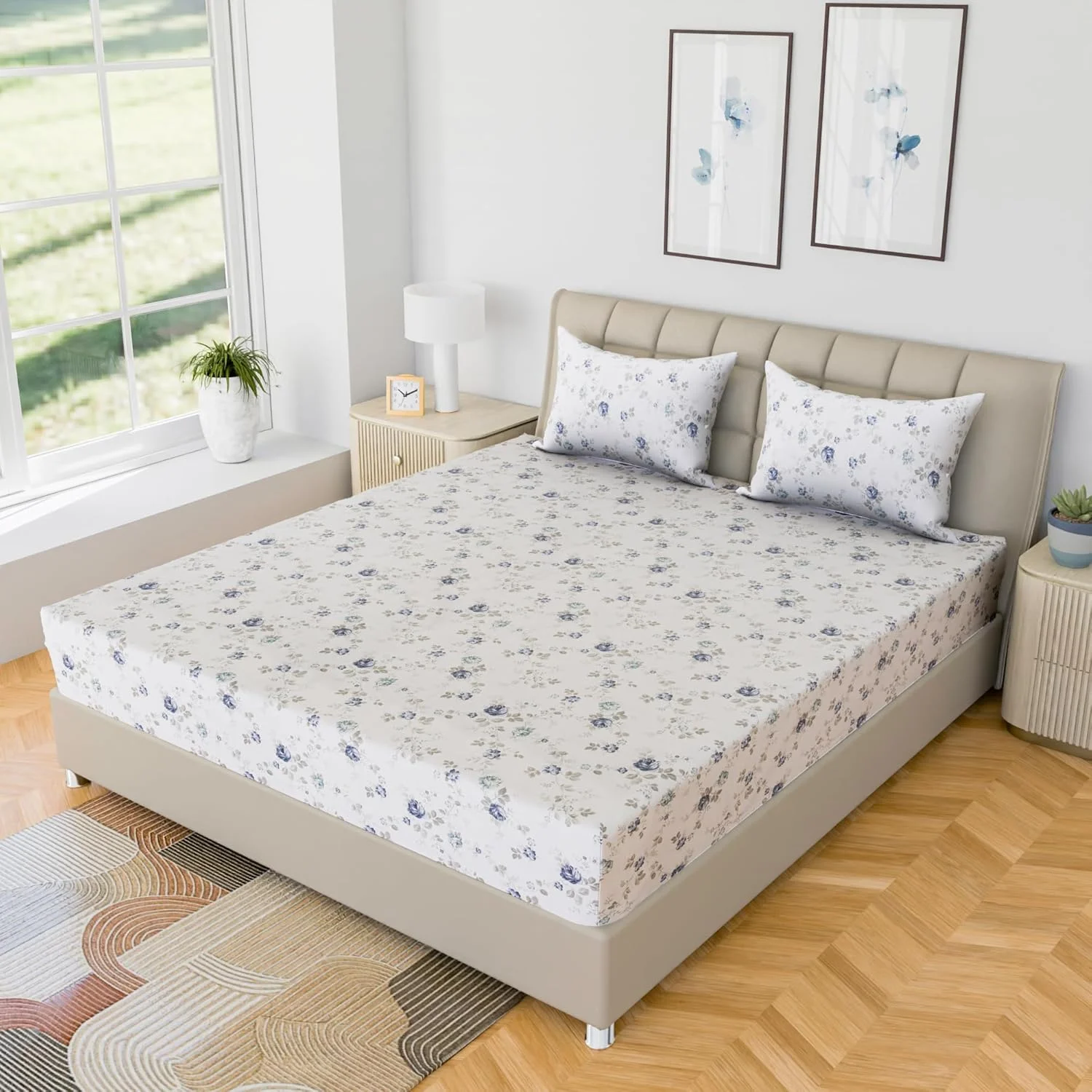 ملحفه کش‌دار سوپر کینگ سایز لینن‌والاس، 100% پنبه خالص به همراه روبالشی، 300 نخ، نرم، خنک، طرح‌دار، ابعاد 200 × 200 سانتی‌متر، پاکت عمیق 40 سانتی‌متری (یاقوت کبود)