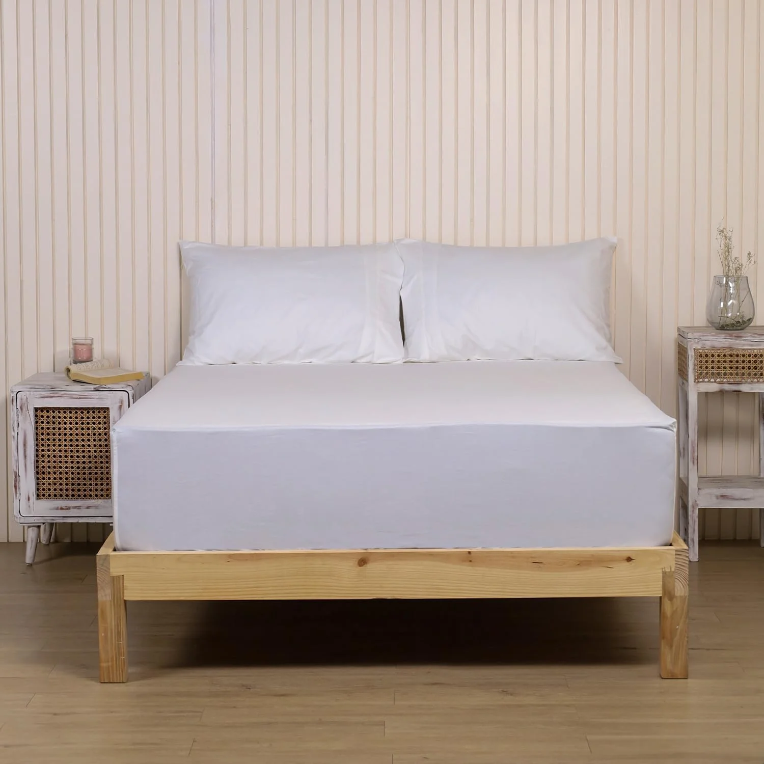 ملحفه کش‌دار کوئین لینن والا، 100% پنبه پرکاله ارگانیک، ملحفه تخت خواب الاستیک بسیار تنفسی با جیب عمیق که تا 40 سانتی متر را پوشش می‌دهد (سفید)، ست 3 تکه (1 ملحفه کش‌دار، 2 روبالشی)