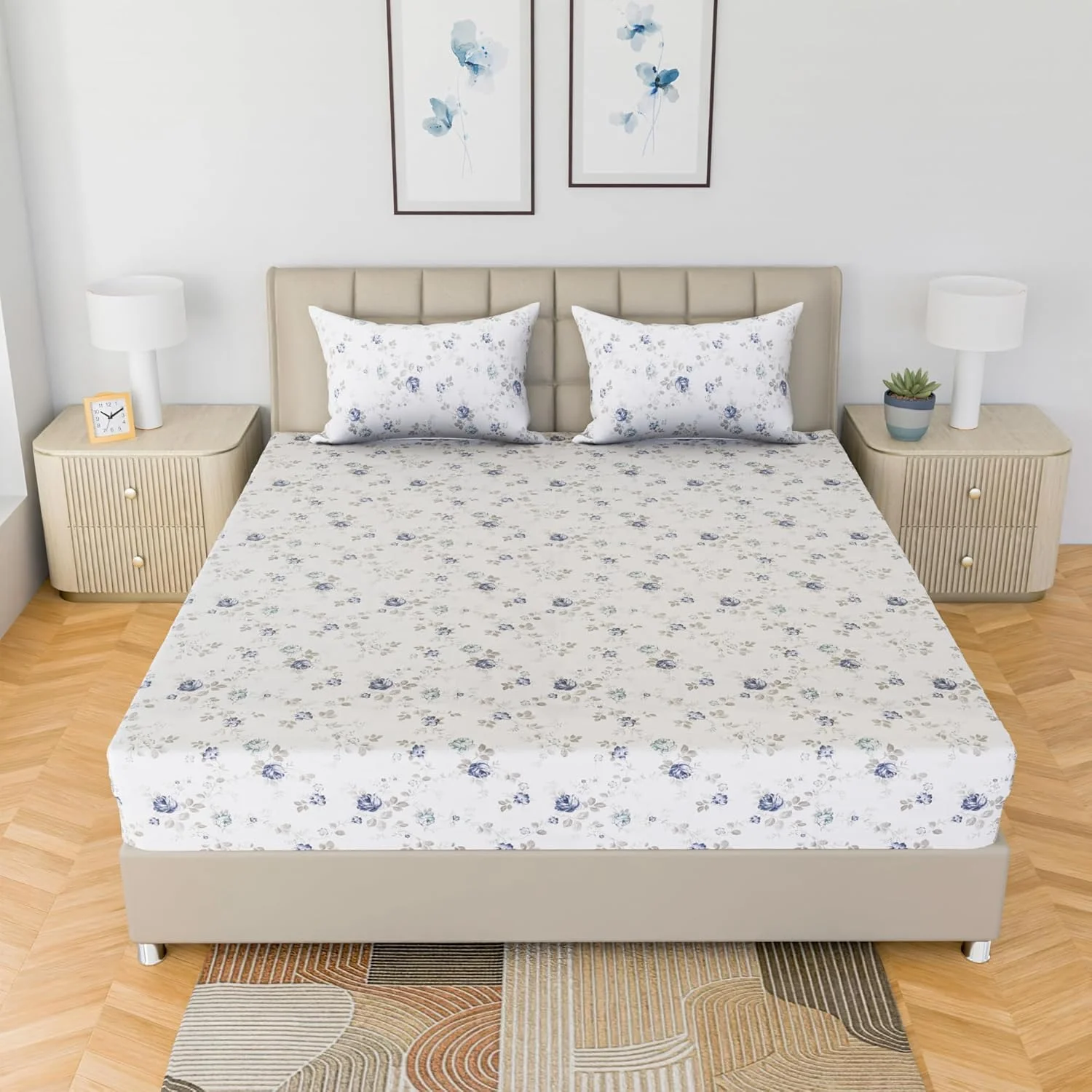 ملحفه کش‌دار سوپر کینگ سایز لینن‌والاس، 100% پنبه خالص به همراه روبالشی، 300 نخ، نرم، خنک، طرح‌دار، ابعاد 200 × 200 سانتی‌متر، پاکت عمیق 40 سانتی‌متری (یاقوت کبود)