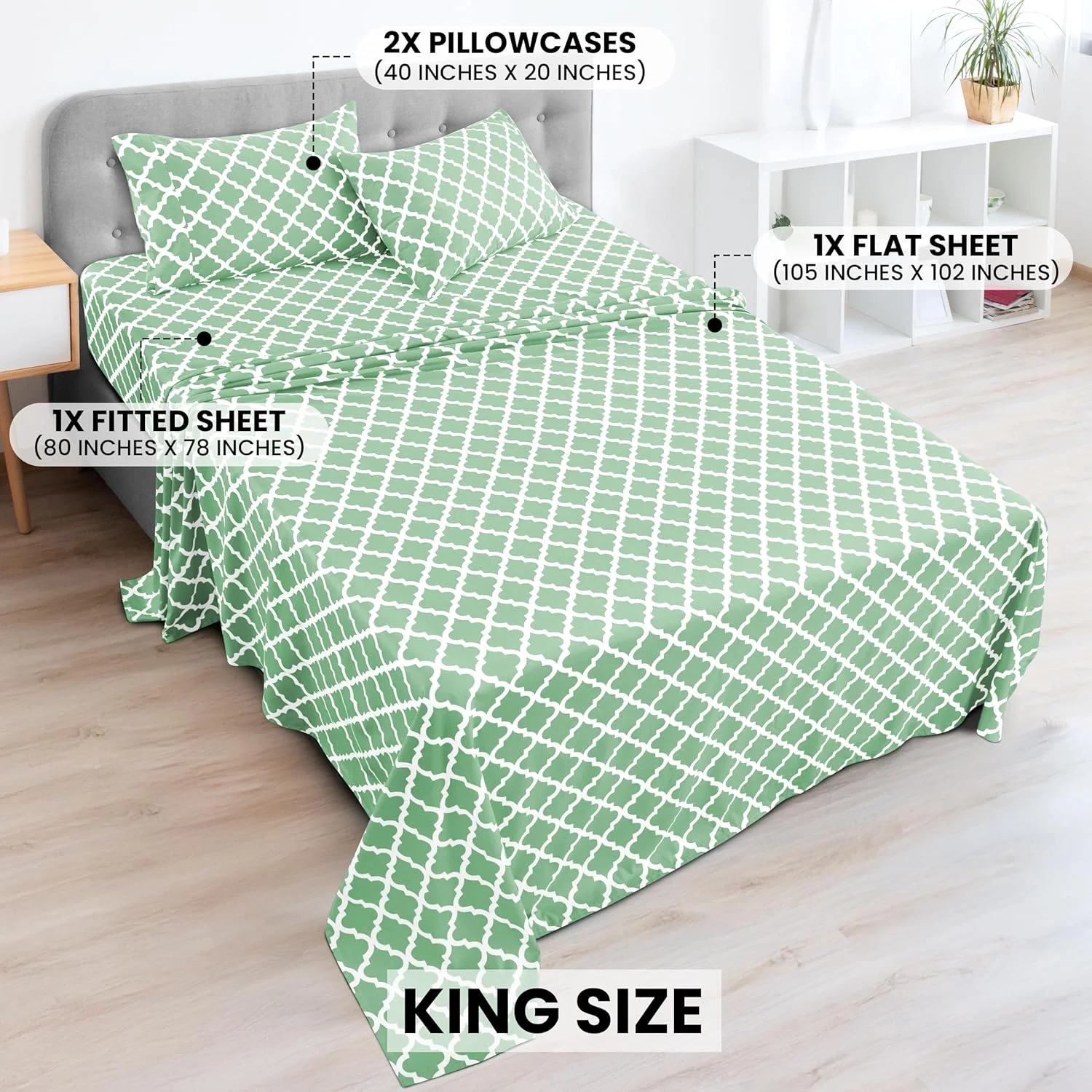 ست ملحفه تخت خواب سایز کینگ لوکس دکور کالکشن، 4 تکه، ملحفه های سبک هتل، ملحفه های میکروفایبر با جیب های عمیق، نصب آسان، نرم و بدون چروک طرح شبدری (کینگ، سبز مریم گلی)