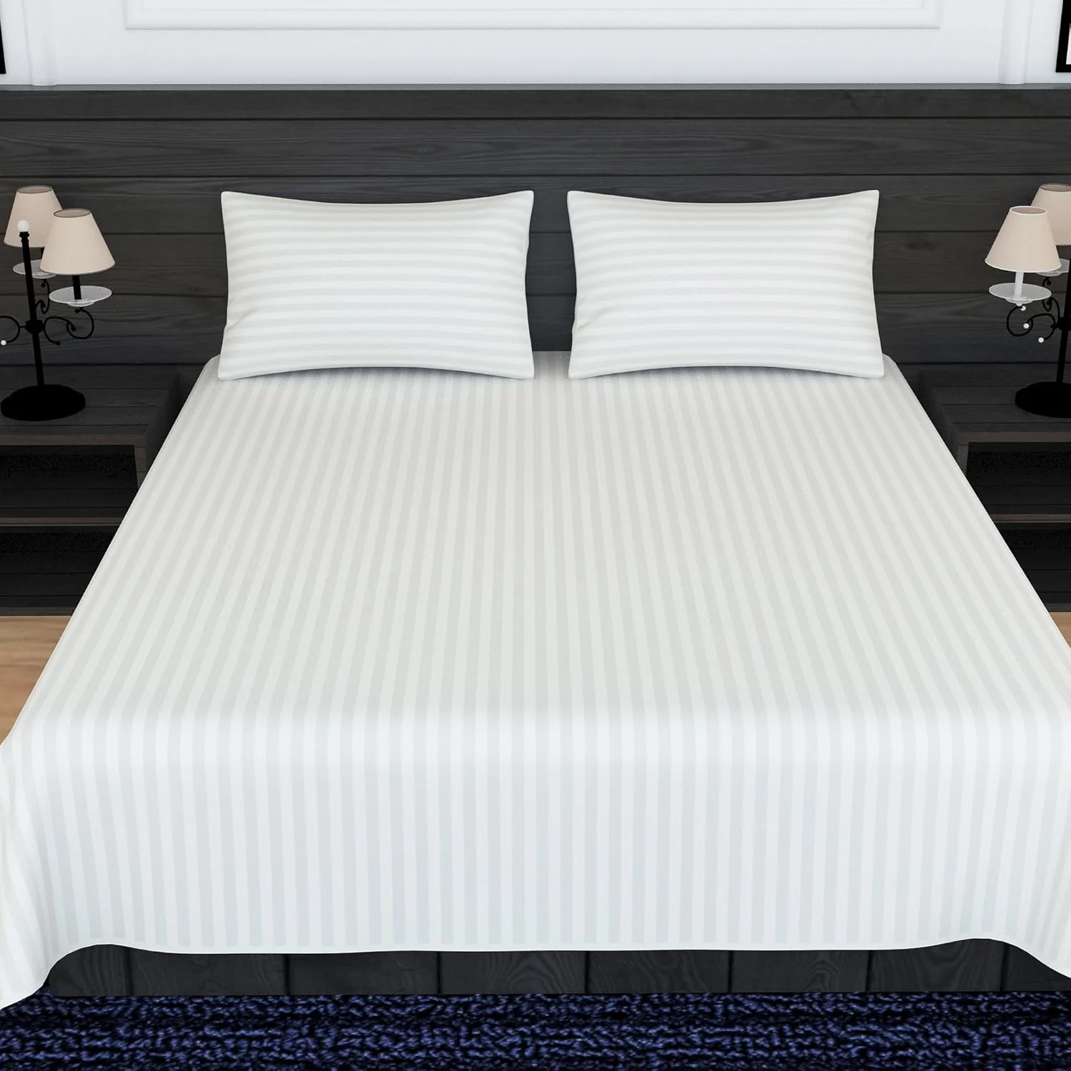 ملحفه تخت تخت فوق العاده نرم پنبه ای 100% ارگانیک لینن والاس، قابل تنفس، راه راه سفید کینگ 280x300 سانتی متر، ست 3 تکه (1 ملحفه تخت، 2 روبالشی)