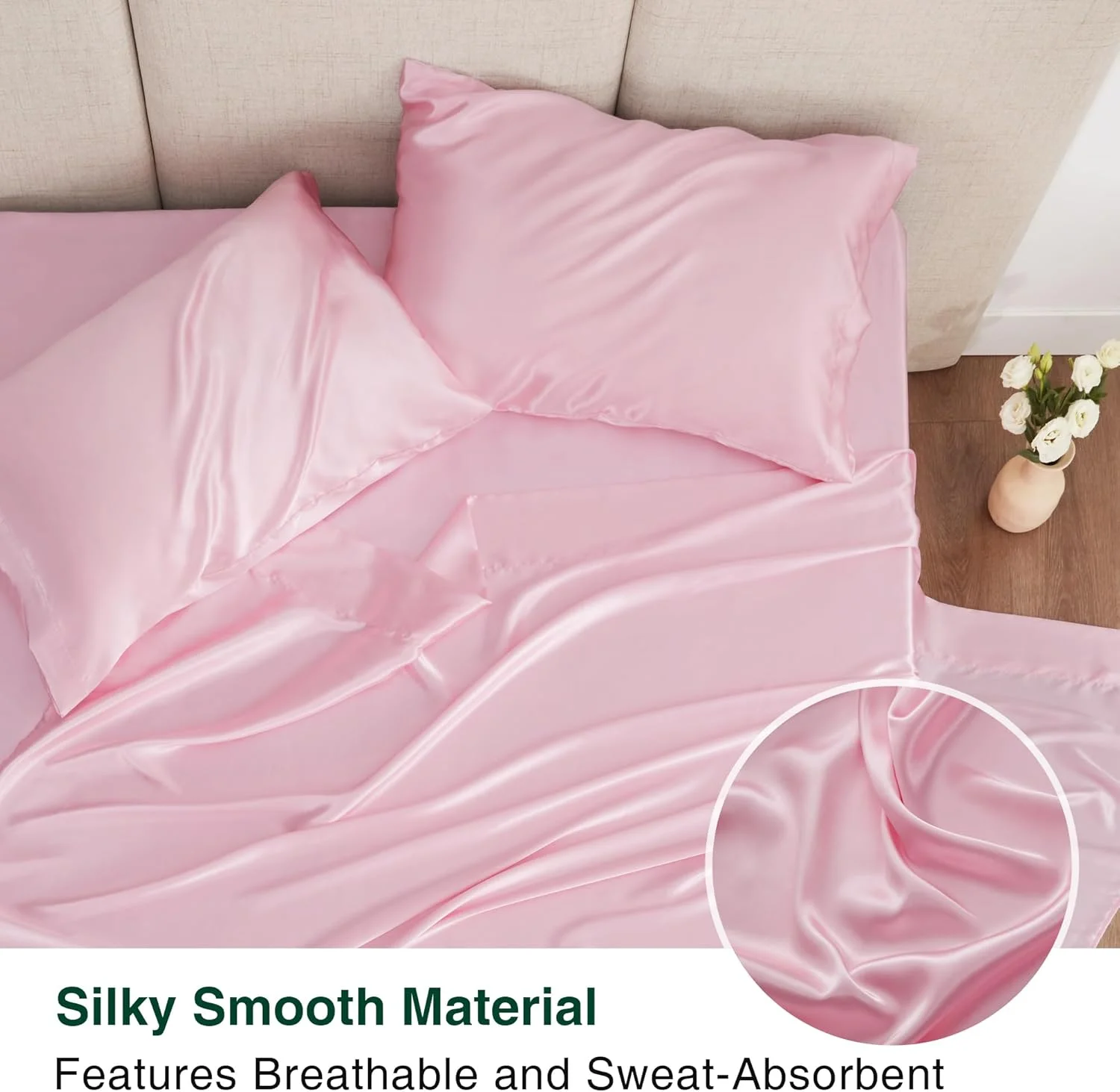 ست ملحفه ساتن دونفره لاوز کابین - ست 4 تکه ملحفه ابریشمی صورتی با جیب عمیق، ست ملحفه ساتن سایز دونفره با حس ابریشم لوکس (1 ملحفه تخت، 1 ملحفه کش دار، 2 روبالشی)