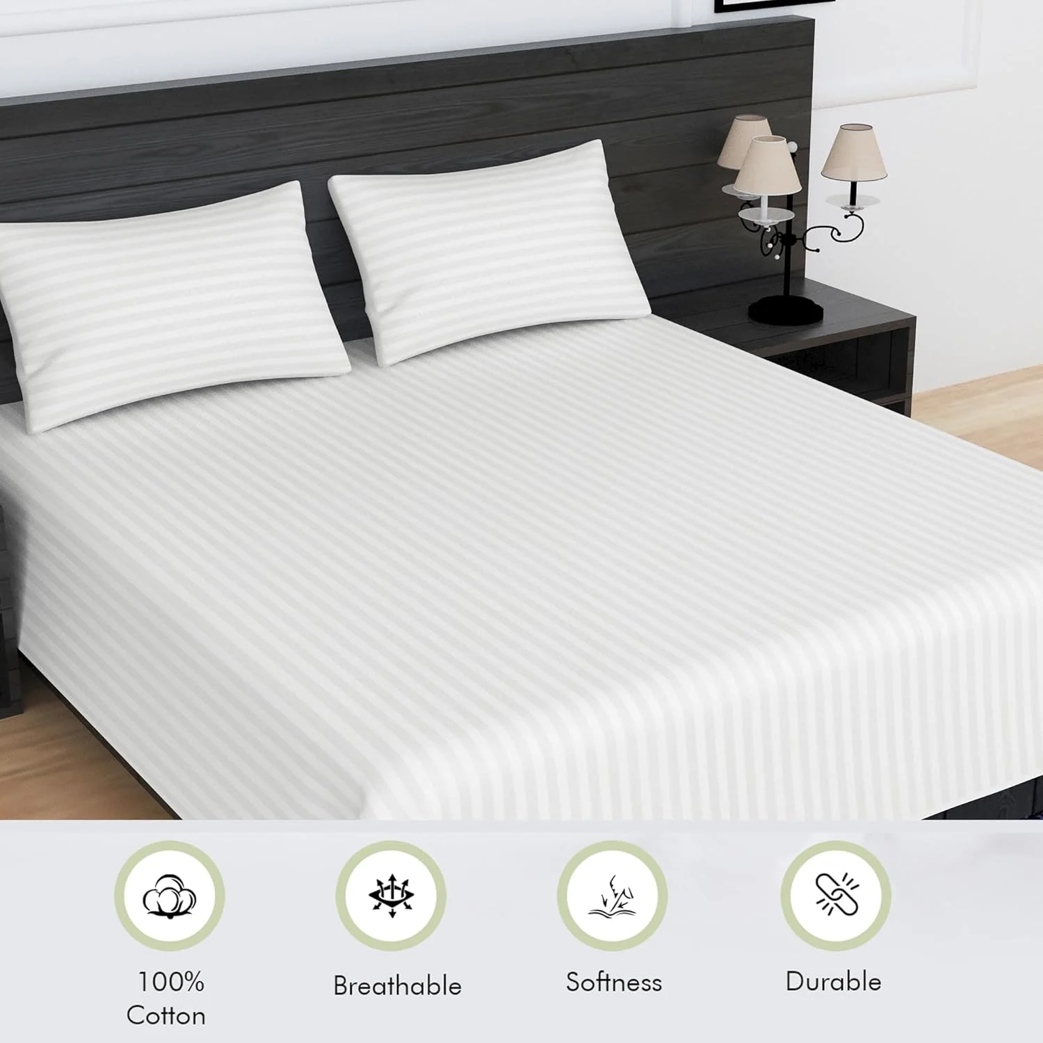 ملحفه تخت تخت فوق العاده نرم پنبه ای 100% ارگانیک لینن والاس، قابل تنفس، راه راه سفید کینگ 280x300 سانتی متر، ست 3 تکه (1 ملحفه تخت، 2 روبالشی)