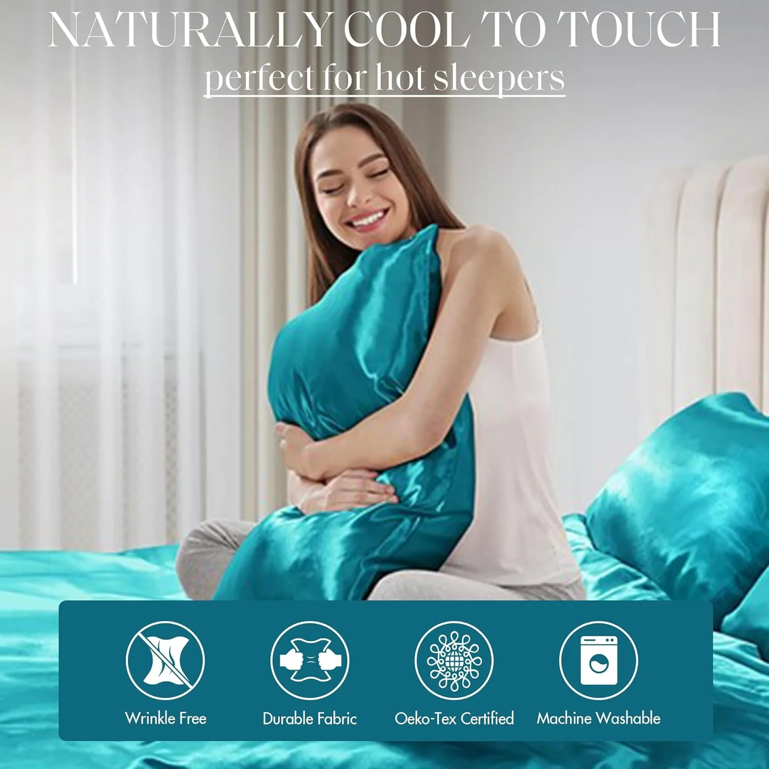 ست ملحفه ساتن Madison Park Essentials، لوکس و ابریشمی با درخشش طبیعی، کش دار با جیب 14 اینچی مناسب برای تشک تا 16 اینچ، کش دور تا دور - مناسب برای تمام فصول، سایز کوئین، آبی، 6 تکه