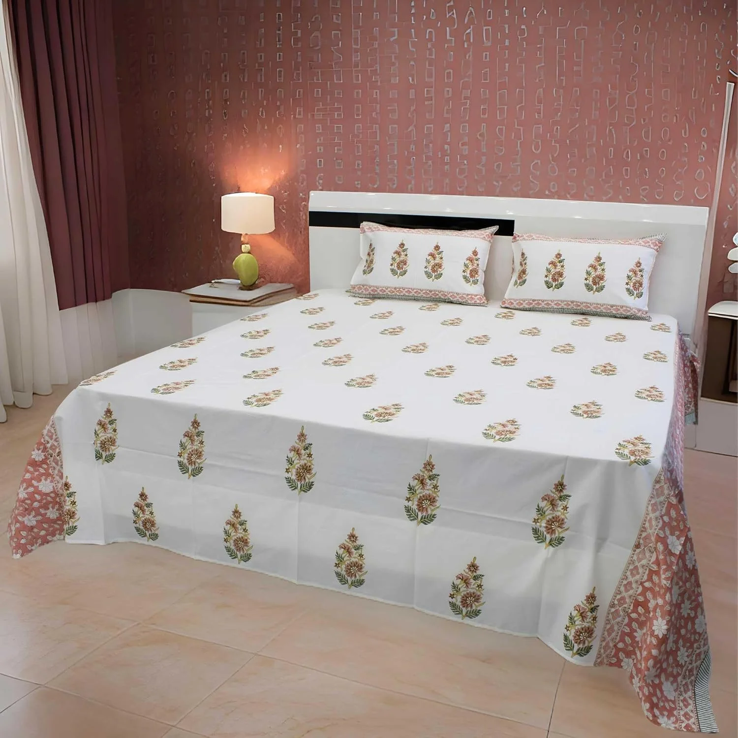 ملحفه دو نفره طرح جیپوری از پارچه مرغوب 100% پنبه با چاپ دستی به همراه 2 روبالشتی، کیفیت عالی، نرم و تنفس پذیر (PARKHEL 04)