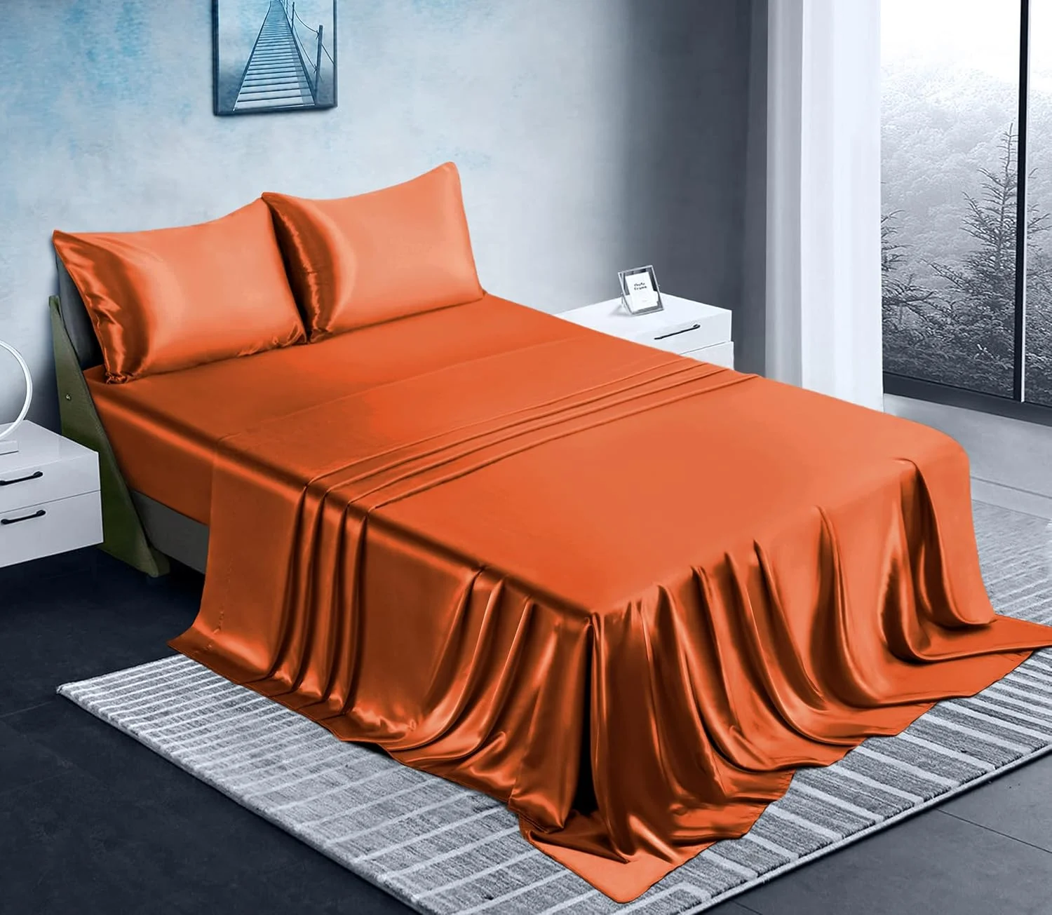 ست ملحفه ساتن کوئین Manyshofu، 4 تکه - ست ملحفه ساتن نرم و ابریشمی، ملحفه تخت نارنجی زنگ زده خنک کننده و ست ملحفه خواب لوکس (1 ملحفه کش دار، 1 ملحفه تخت، 2 روبالشی)