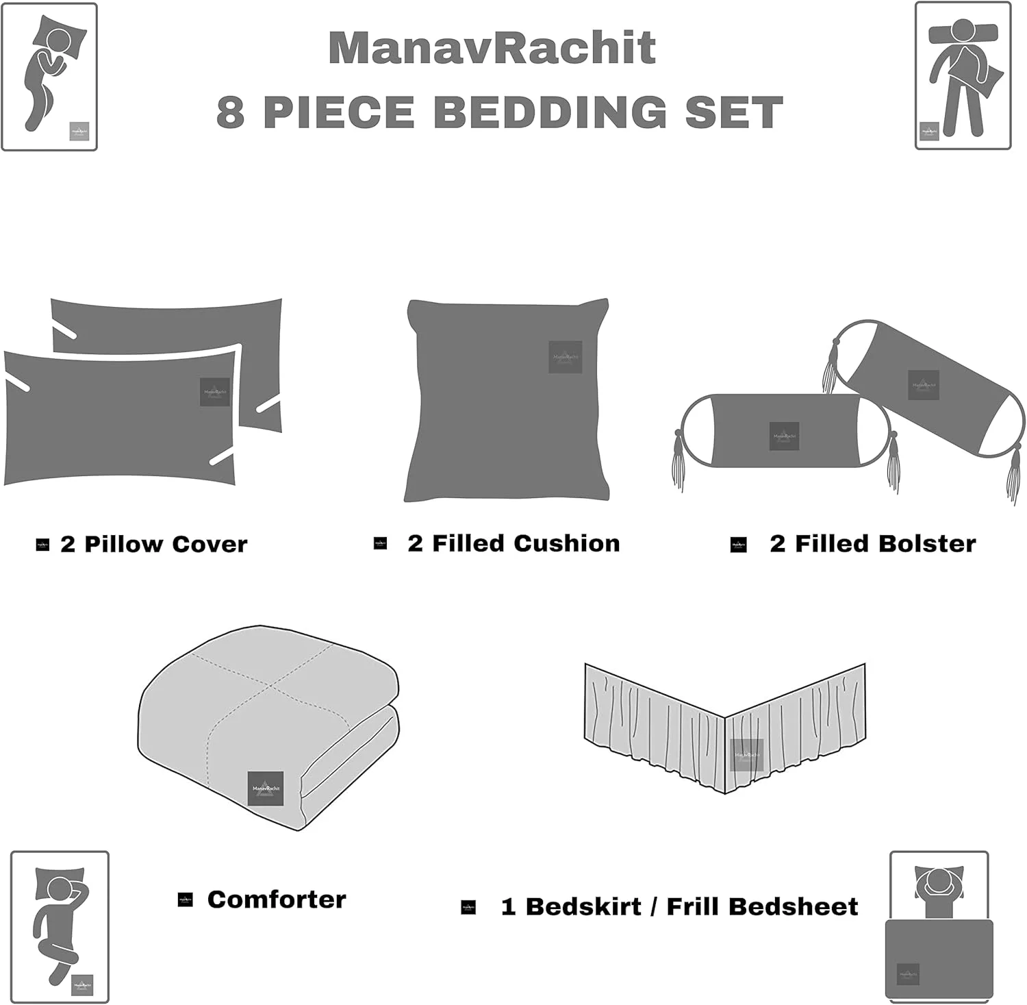 ست ملحفه ساتن طرح طلایی Jaipuri ManavRachit با تراکم 310، مناسب اتاق خواب، هتل، منزل و اتاق نشیمن (ست 8 تکه، قهوه ای طرح جال)