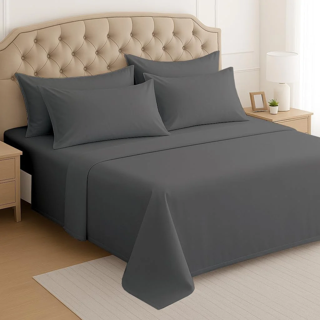 ست ملحفه 6 تکه دونفره متریس هومز، 600 نخ، ملحفه های پنبه ای مصری، ست ملحفه 6 تکه سایز دونفره، کالکشن لوکس هتلی، ملحفه خاکستری تیره، مناسب تشک تا عمق 18 اینچ