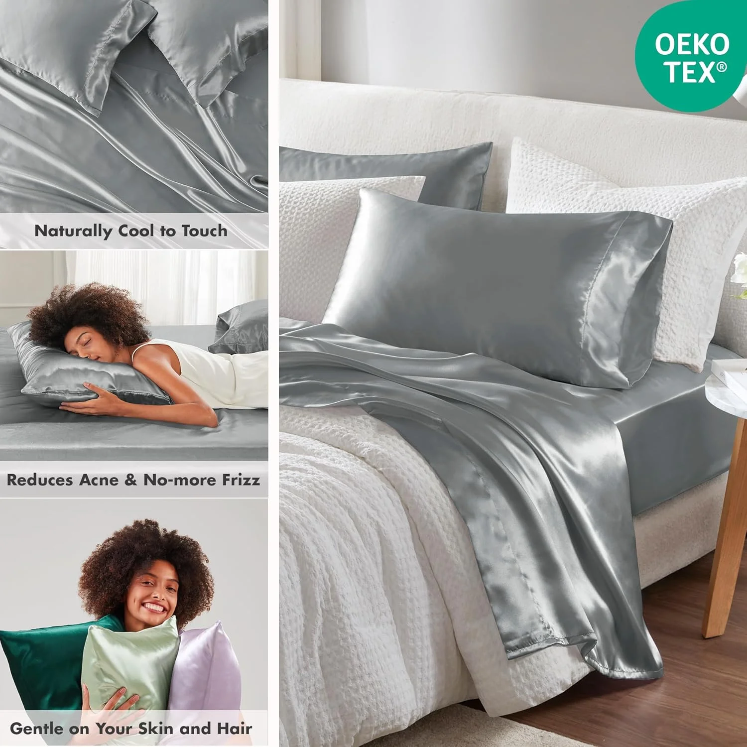 ست ملحفه ساتن Madison Park Essentials، لوکس و ابریشمی با درخشش طبیعی، کش دار با جیب 14 اینچی مناسب برای تشک تا 16 اینچ، کش دور تا دور - مناسب برای تمام فصول، کینگ، خاکستری، 6 تکه ست ملحفه ساتن Madison Park Essentials، لوکس و ابریشمی با درخشش طبیعی، کش دار با جیب 14 اینچی مناسب برای تشک تا 16 اینچ، کش دور تا دور - مناسب برای تمام فصول، کینگ، خاکستری، 6 تکه