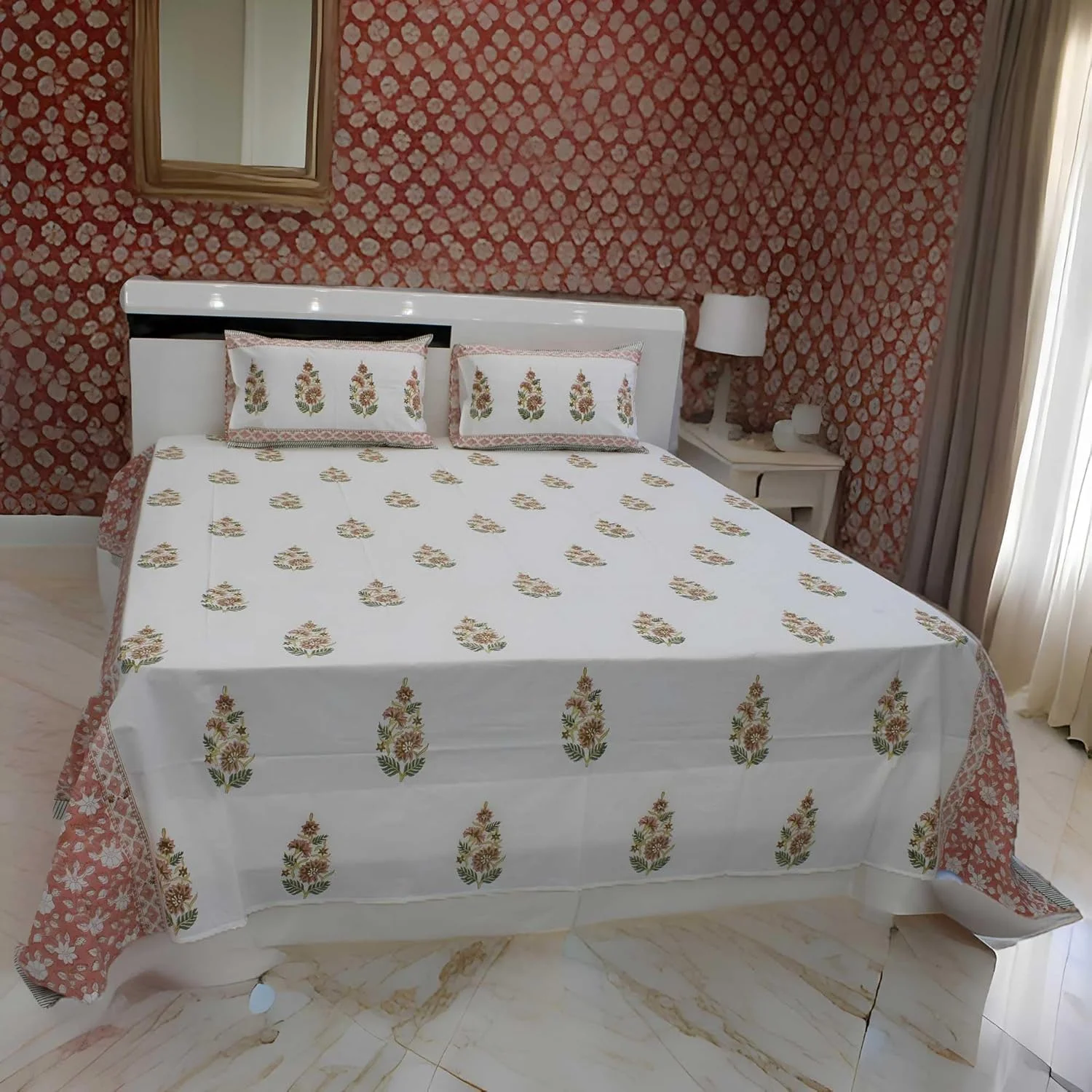 ملحفه دو نفره طرح جیپوری از پارچه مرغوب 100% پنبه با چاپ دستی به همراه 2 روبالشتی، کیفیت عالی، نرم و تنفس پذیر (PARKHEL 04)