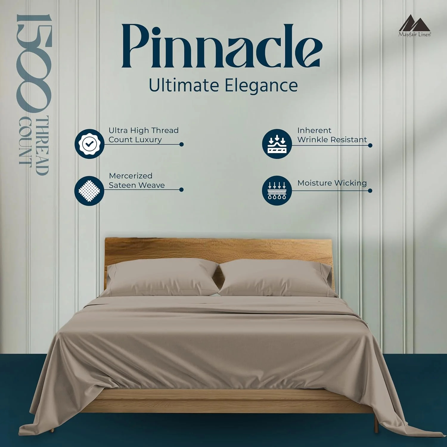 ملحفه کالیفرنیا کینگ سایز از جنس 100% پنبه مصری میفر - ست ملحفه 4 تکه لوکس، نرم، خنک کننده، بافت ساتن با عمق 17 اینچ - رنگ Taupe