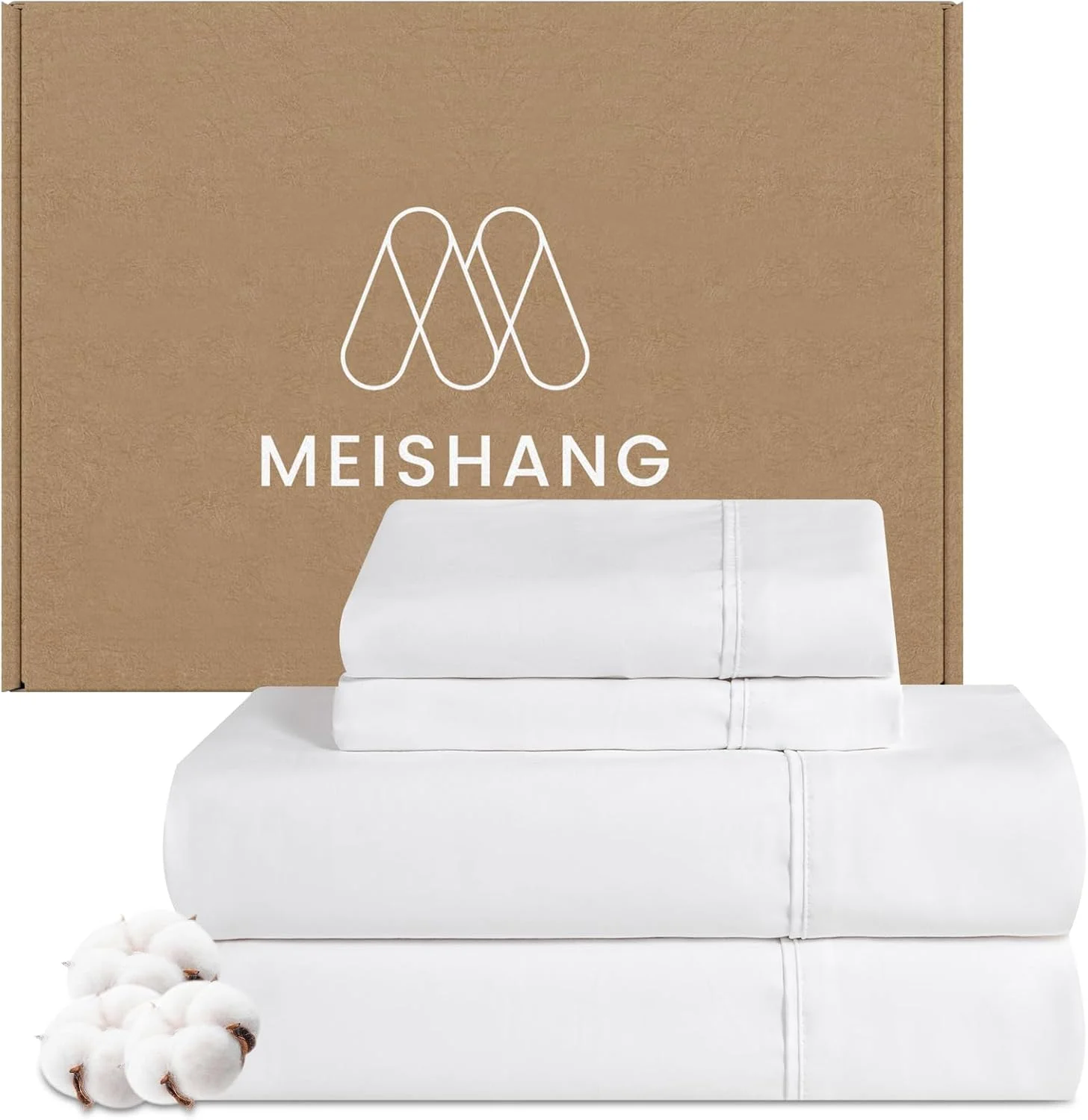 ملحفه های نخی سایز کینگ MEISHANG - ملحفه های 100% نخی با تراکم 600، ملحفه های خنک کننده ساتن نرم و تنفسی با جیب عمیق، ست 4 تکه سفید