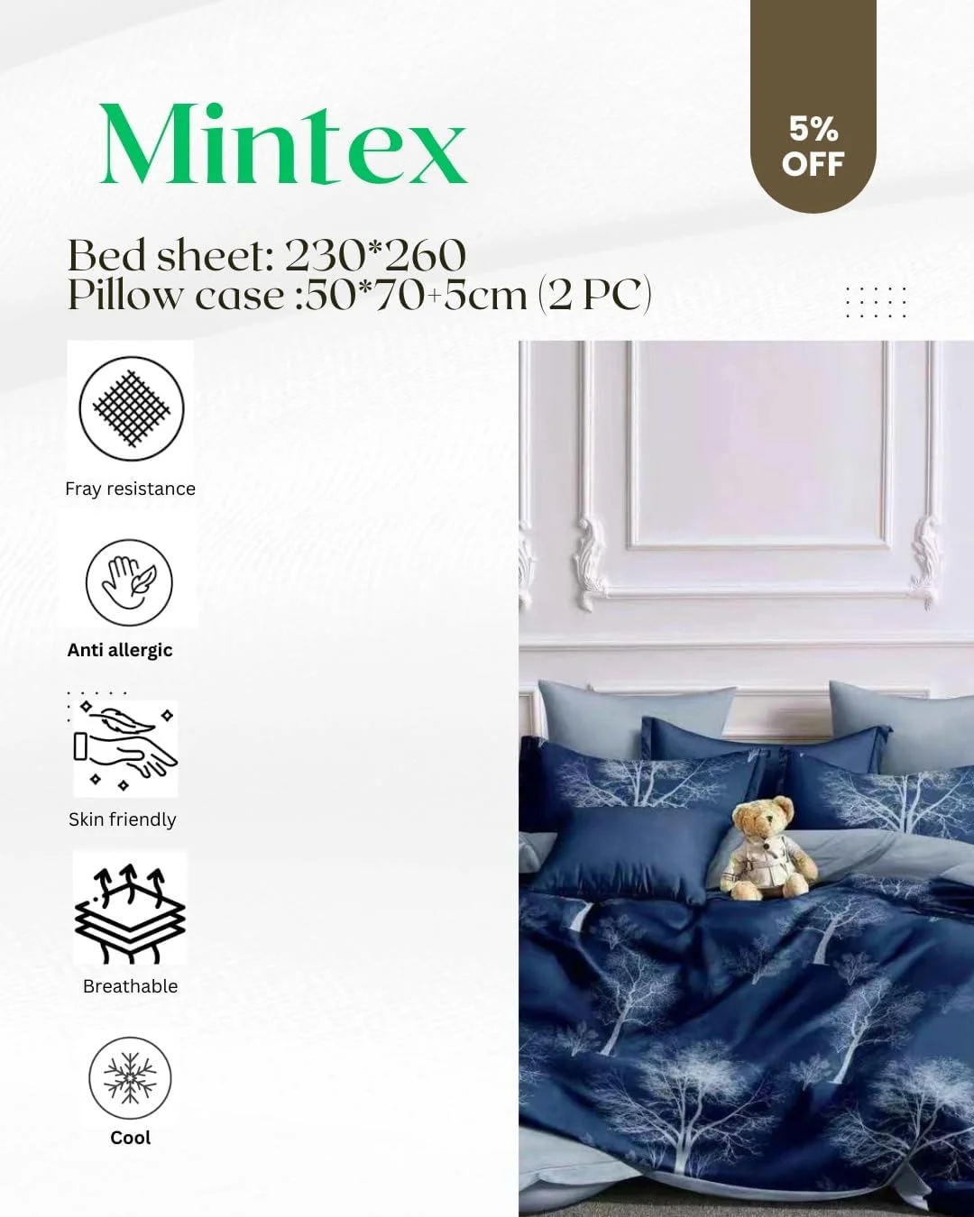 ست ملحفه سه تکه میکروفایبر لوکس Mintex – 1 ملحفه بزرگ (230×260 سانتی متر) + 2 روبالشی (50×70+5 سانتی متر) – فوق العاده نرم، بدون چروک، تنفس پذیر، ضد حساسیت و خنک کننده (آبی) ست ملحفه سه تکه میکروفایبر لوکس Mintex – 1 ملحفه بزرگ (230×260 سانتی متر) + 2 روبالشی (50×70+5 سانتی متر) – فوق العاده نرم، بدون چروک، تنفس پذیر، ضد حساسیت و خنک کننده (آبی)