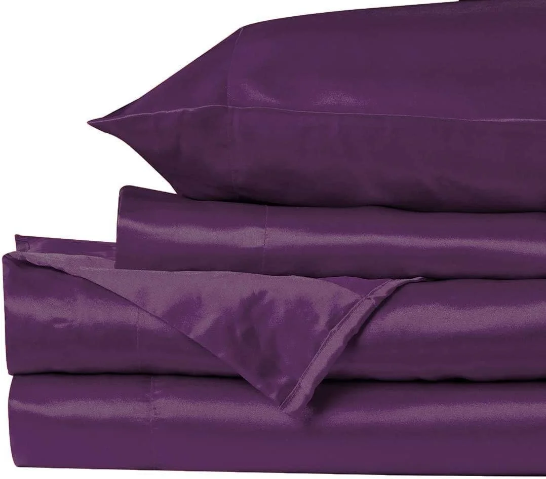 ست ملحفه 4 تکه ساتن ابریشمی نرم بنفش، مناسب تخت دونفره