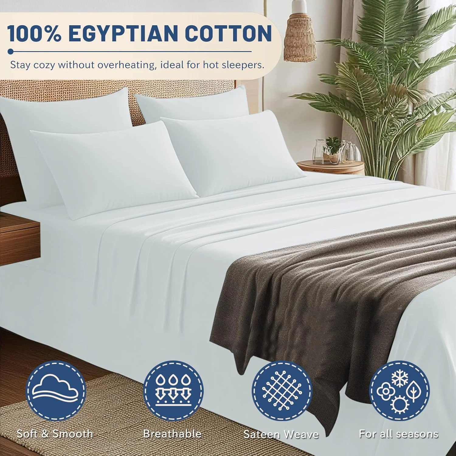 ملحفه های نخی سایز کینگ MEISHANG - ملحفه های 100% نخی با تراکم 600، ملحفه های خنک کننده ساتن نرم و تنفسی با جیب عمیق، ست 4 تکه سفید