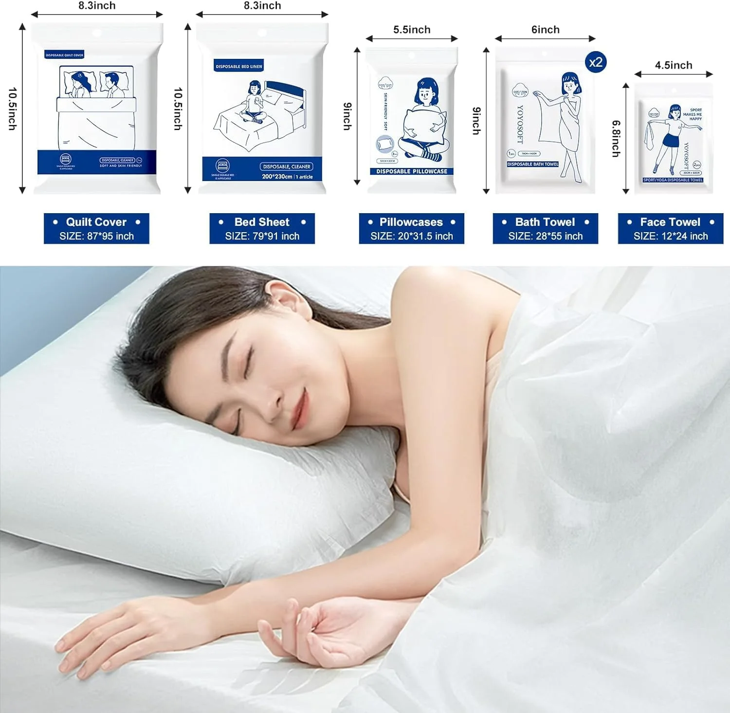 ملحفه یکبار مصرف مسافرتی، ست ملحفه مسافرتی 8 تکه - سایز کینگ، لوازم ضروری هتل شامل روکش لحاف، 2 روبالشی، 2 حوله حمام، 2 حوله صورت
