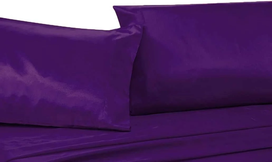 ست ملحفه 4 تکه ساتن ابریشمی نرم بنفش، مناسب تخت دونفره