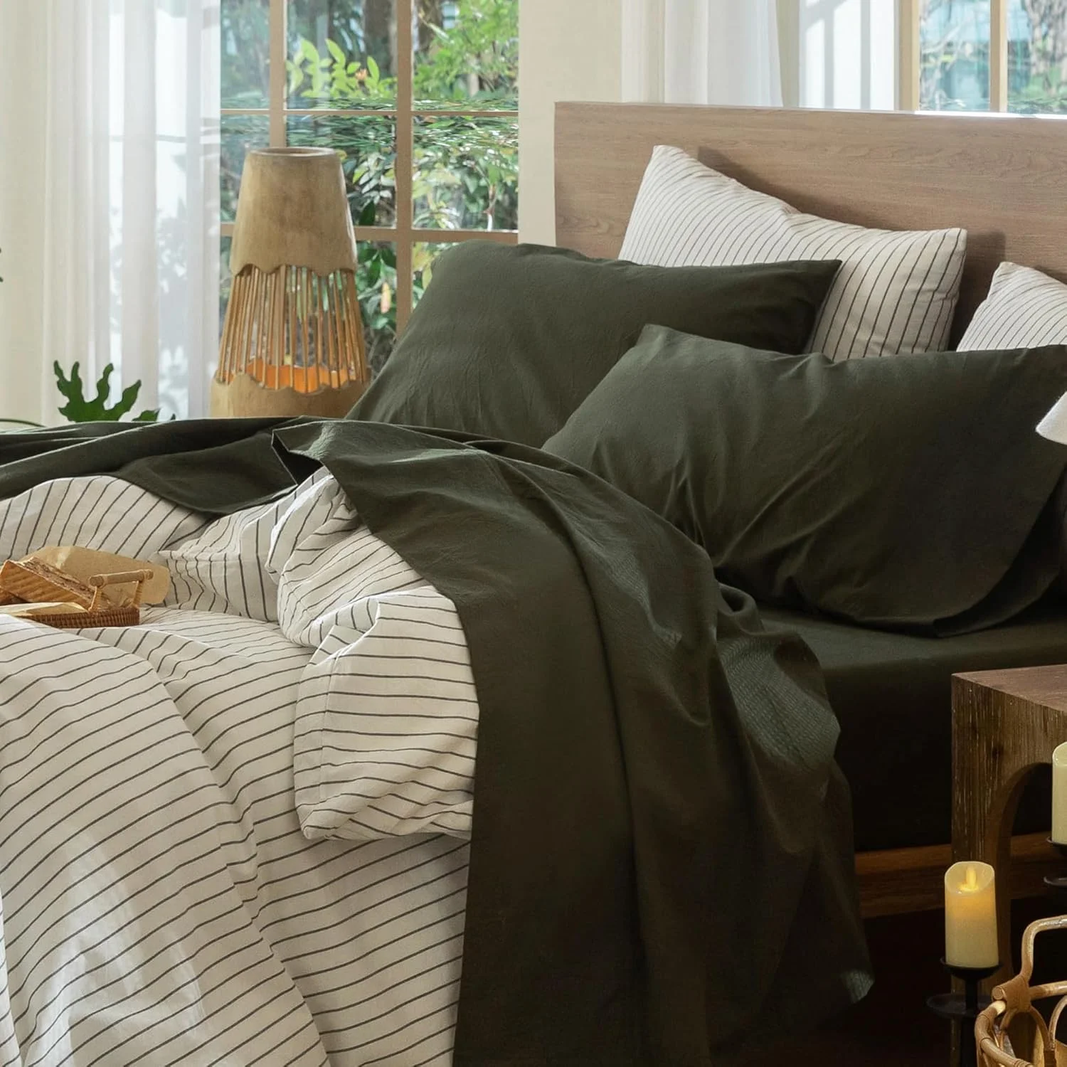 ست ملحفه تخت خواب مومی، 100% پنبه شسته شده، بافت کتان مانند، تنفس پذیر، بادوام، نرم و راحت (سبز زیتونی، سایز کوئین)
