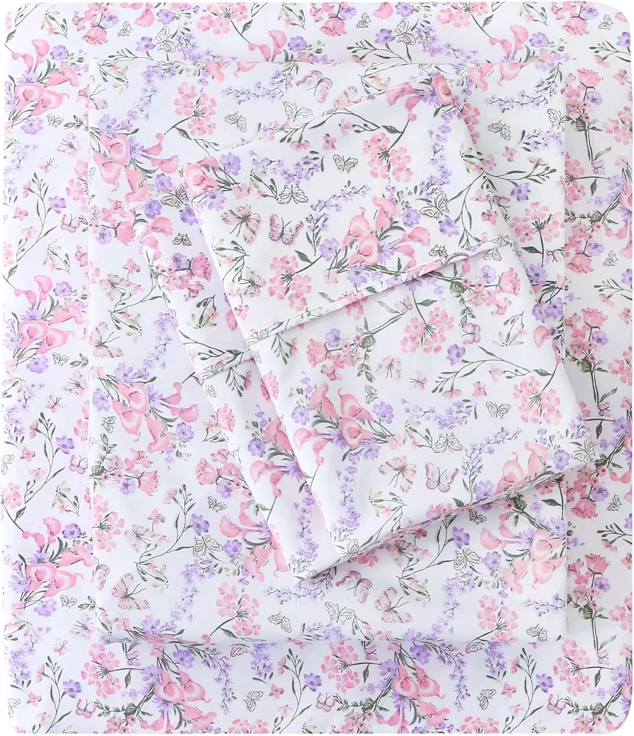 ست ملحفه کویین میکروفایبر طرح‌دار و نرم Mooreeke - ملحفه‌های تخت گل‌دار پنبه‌ای با قابلیت تنفس و جیب عمیق - طراحی بدون لغزش - طرح گل‌های صورتی بنفش