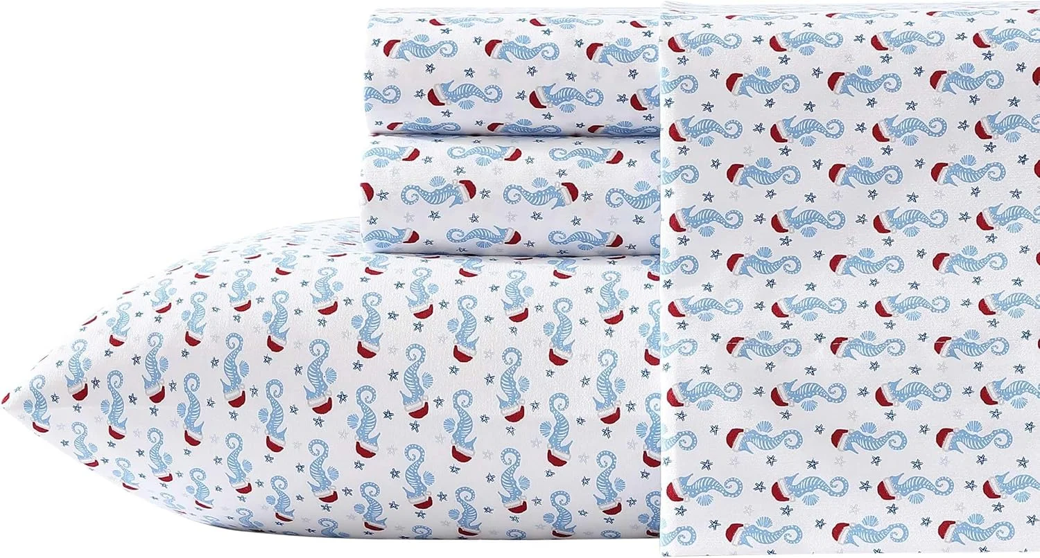 ست ملحفه کامل ناتیکا، ست روتختی فلانل برس خورده، ملزومات نرم و راحت اتاق، دارای گواهی Oeko-Tex (اسب دریایی تعطیلات آبی، کامل)