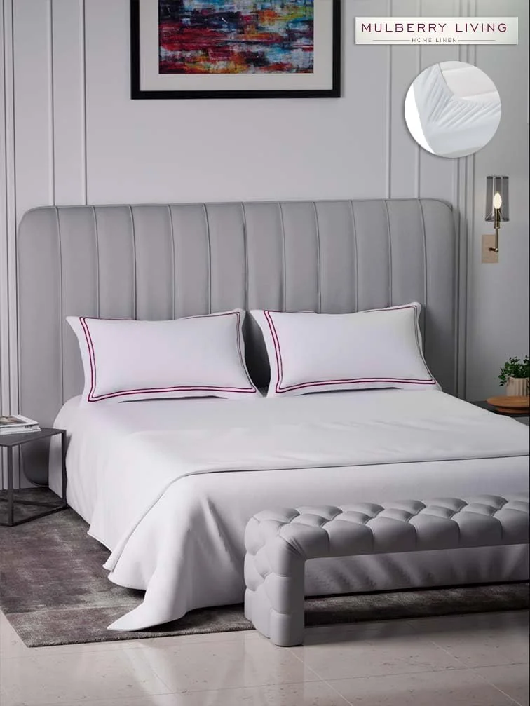 ملبری لیوینگ - 100% پنبه - 400TC رنگ سفید سلطنتی سایز کینگ (180x200 سانتی متر) ملحفه کش دار به همراه 2 روبالشتی (50x75 سانتی متر) - سفید