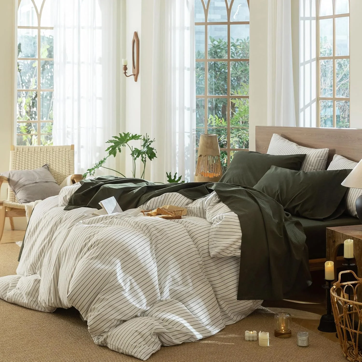 ست ملحفه تخت خواب مومی، 100% پنبه شسته شده، بافت کتان مانند، تنفس پذیر، بادوام، نرم و راحت (سبز زیتونی، سایز کوئین)