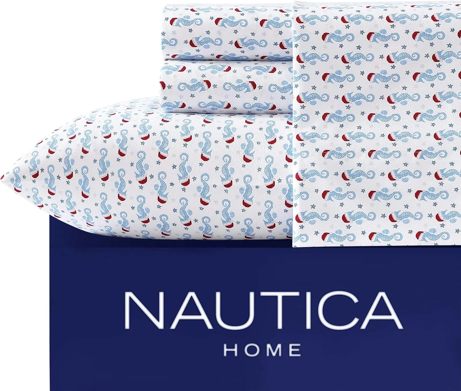 ست ملحفه کامل ناتیکا، ست روتختی فلانل برس خورده، ملزومات نرم و راحت اتاق، دارای گواهی Oeko-Tex (اسب دریایی تعطیلات آبی، کامل)