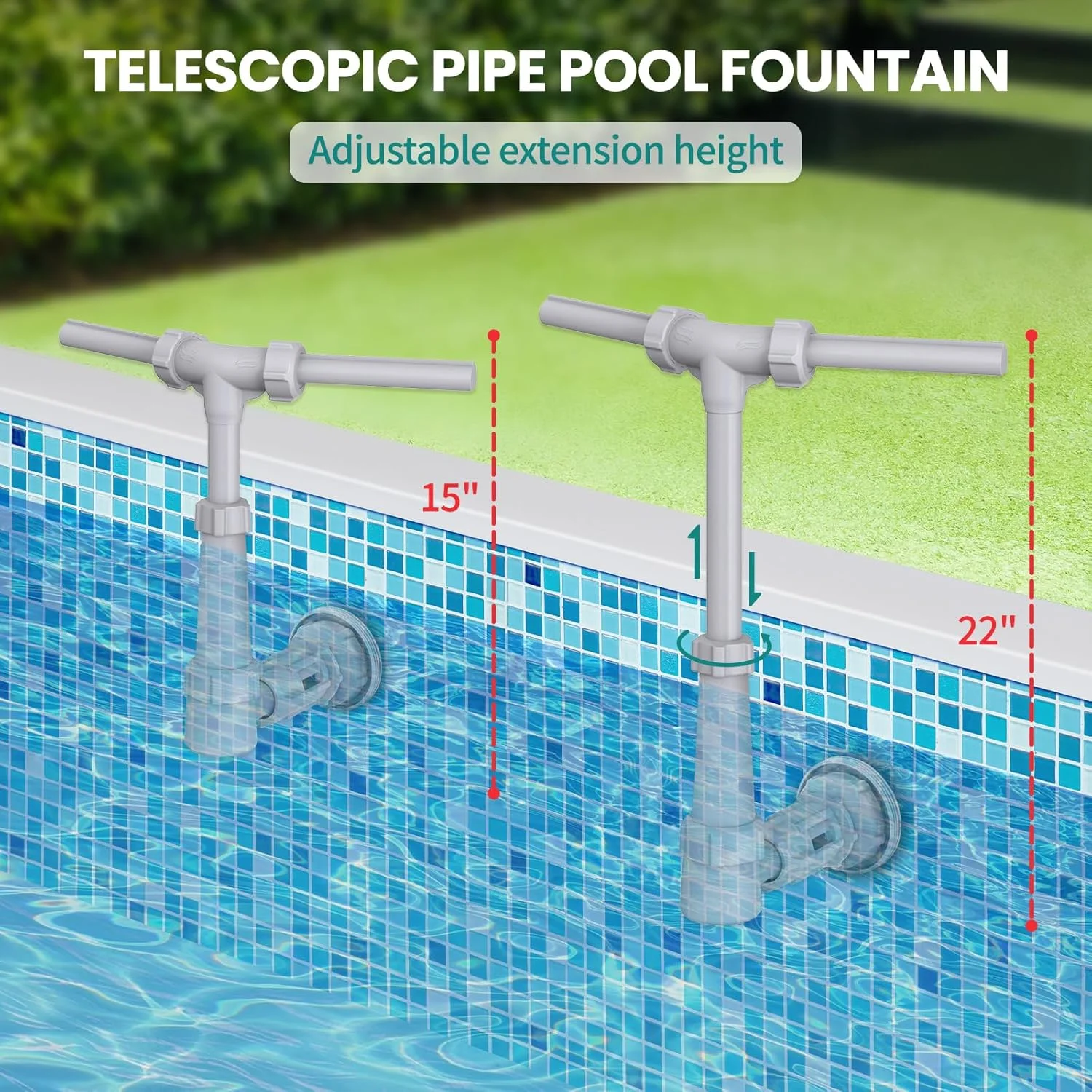 آبنمای استخر سه‌سه‌فین - مناسب برای استخرهای روکار و توکار، فواره دوگانه، لوله تلسکوپی قابل تنظیم 15-22 اینچ، لوازم جانبی استخر روباز، خنک کننده و آرامش بخش، تفریحات آبی در تابستان