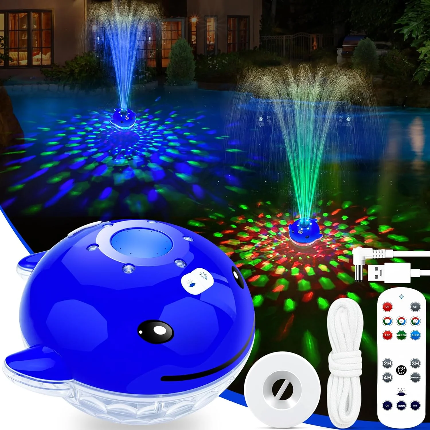فواره شناور استخری شارژی 2025 با نمایش نور، فواره شناور با کنترل از راه دور، فواره استخر طرح نهنگ با 2 حالت آبیاری، فواره شناور برای حوض