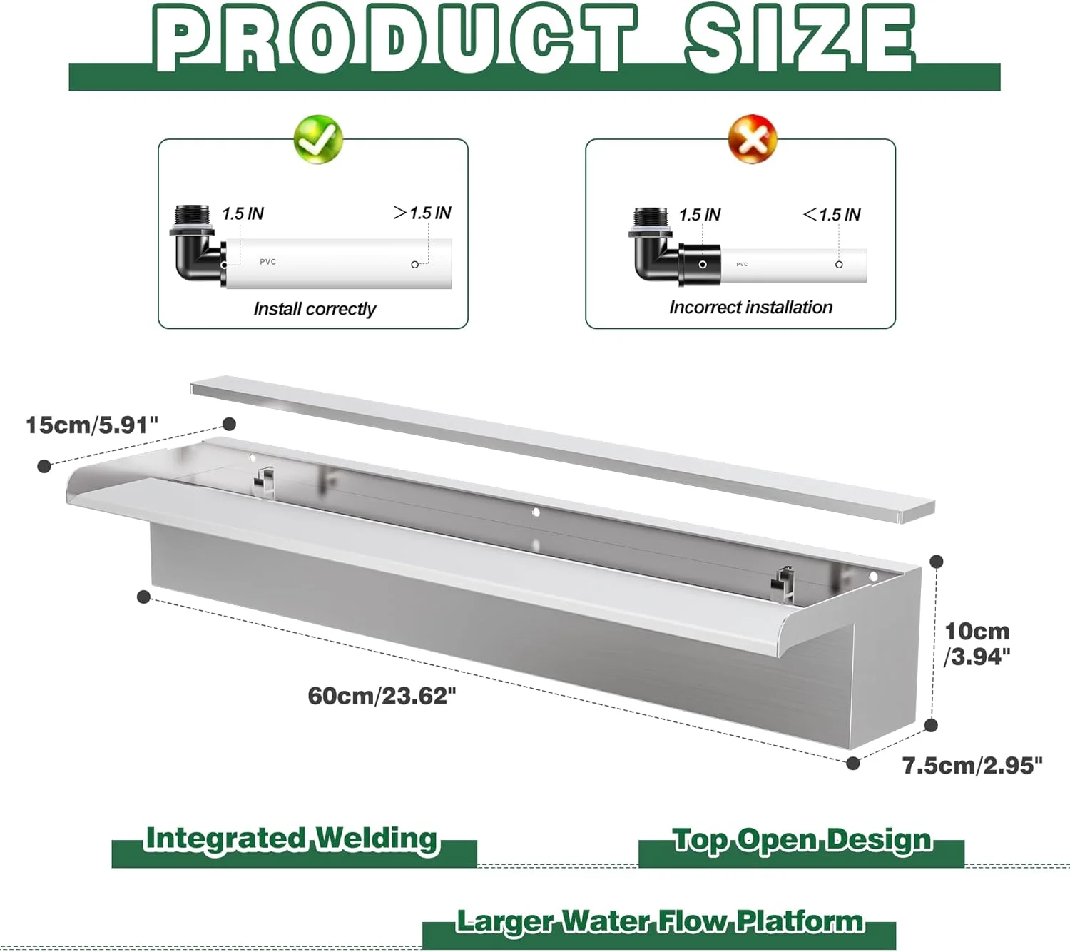 آبنمای استخری آبشاری فولاد ضد زنگ 304 مستطیلی 60 سانتی متری، آبنما با اتصال لوله برای باغ فضای باز، استخرها، حوضچه ها و اسپا