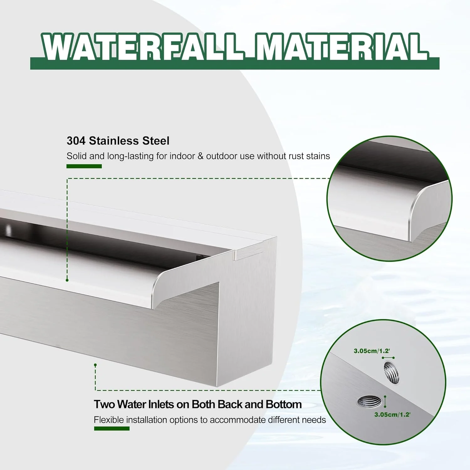 آبنمای استخری آبشاری فولاد ضد زنگ 304 مستطیلی 60 سانتی متری، آبنما با اتصال لوله برای باغ فضای باز، استخرها، حوضچه ها و اسپا