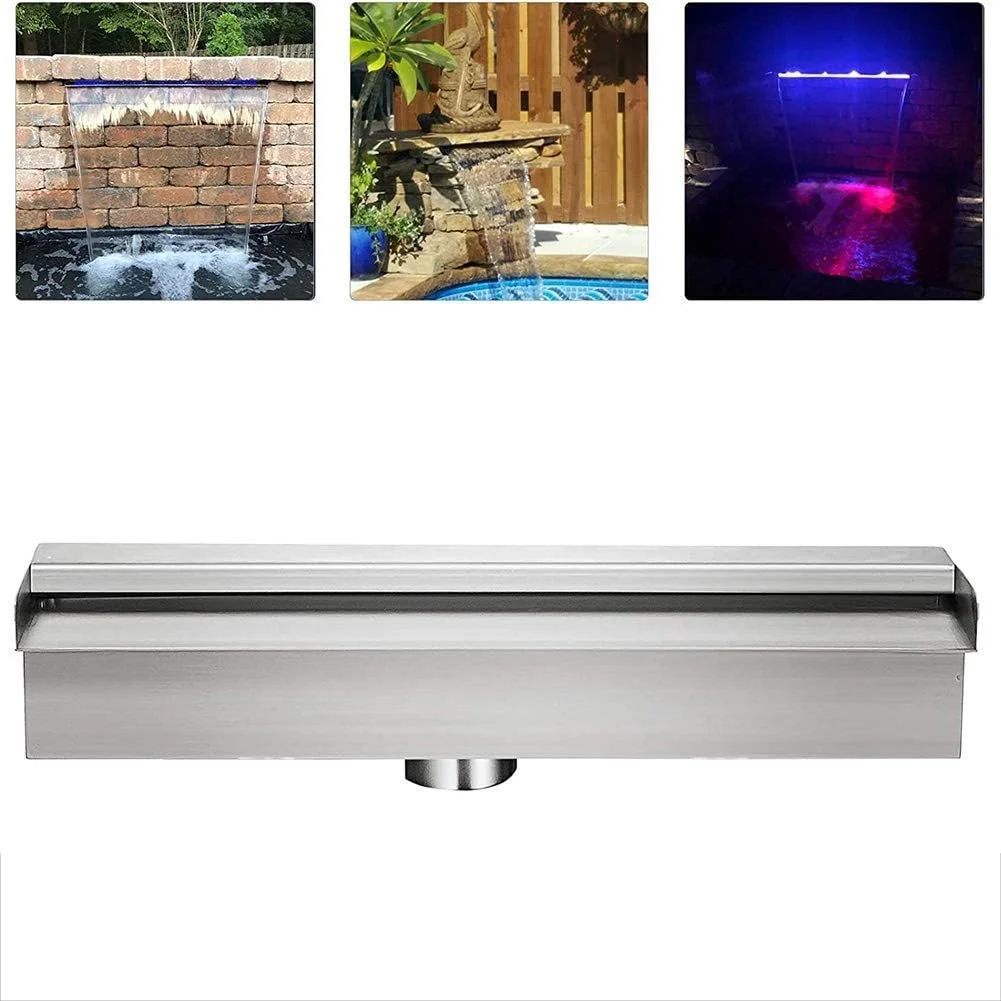 آبنمای استخری آبشاری Leunlee، آبنمای مستطیلی استیل برای حوض، دارای نوار LED، سرریز آبشاری، آبشارهای استخری دیواری مستطیلی