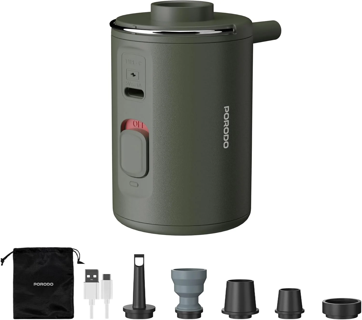 پمپ برقی نانو قابل حمل Porodo Lifestyle با باتری 800mAh، فشار 3.5kPa، دارای 5 نازل هوا، 25 دقیقه زمان کارکرد، قابلیت باد کردن و خالی کردن باد، شارژ USB-C، مناسب برای استخرها، اسباب بازی های استخری، شناورها، توپ ها