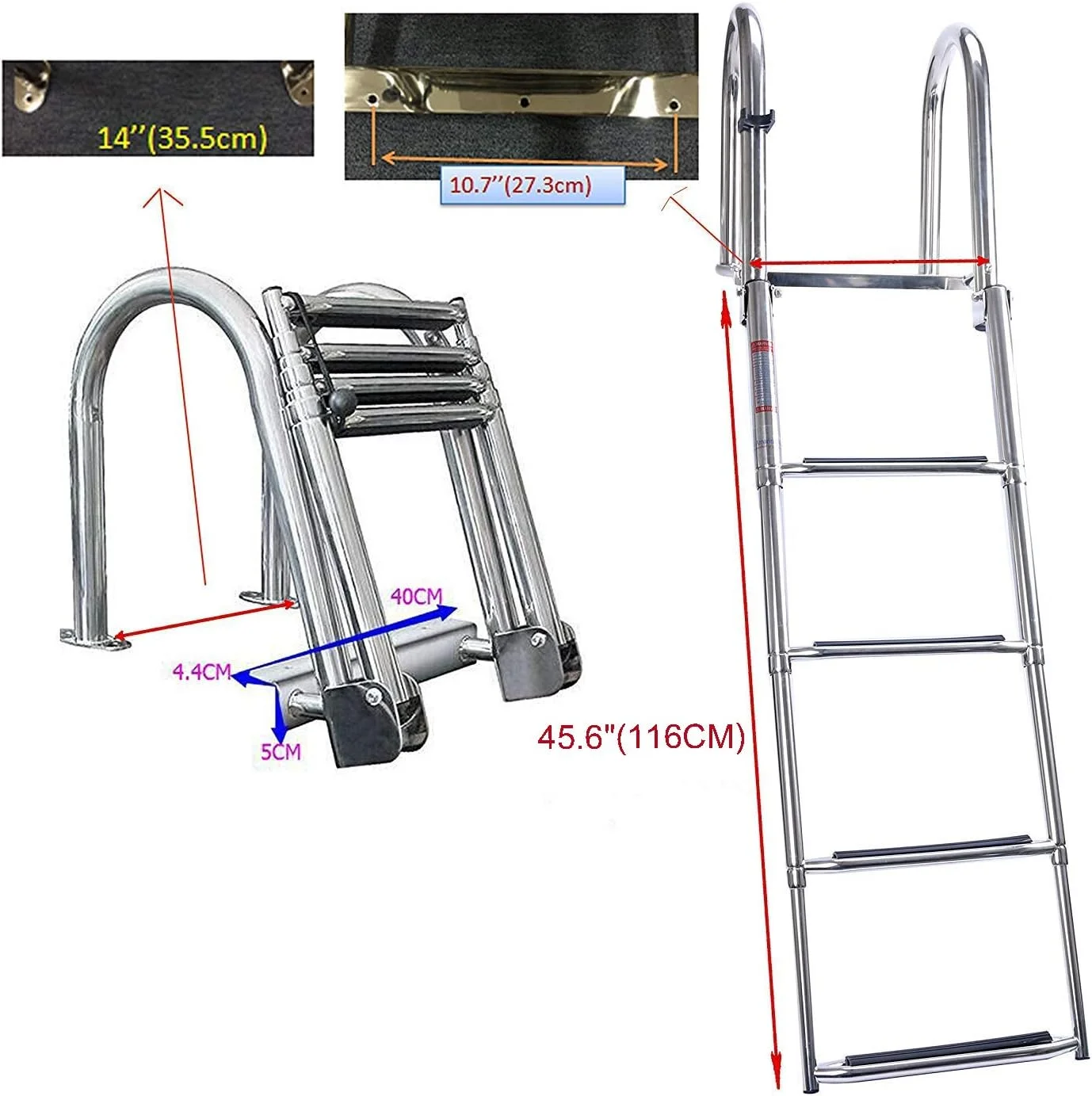 نردبان قایق 4 پله استیل YaeMarine، نردبان تاشو اسکله، نردبان شنا، نردبان عرشه شنا، ورود از عقب با سکوی بالایی شنا و پله فوق العاده پهن