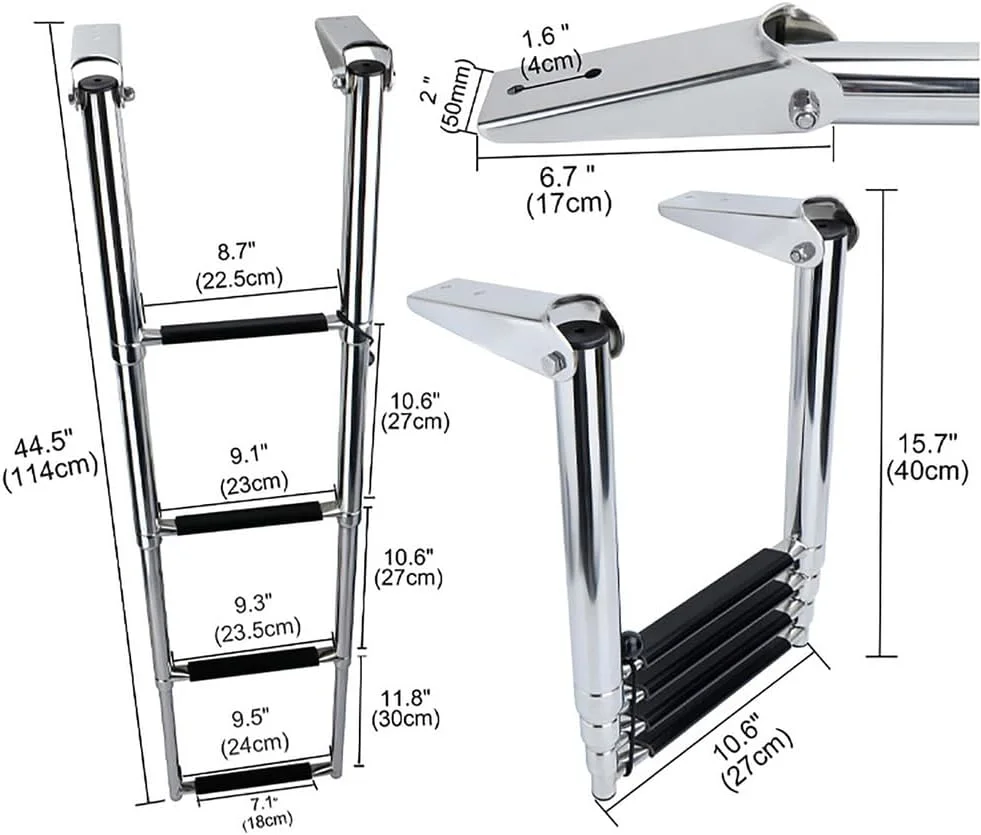 نردبان تاشو بادوام و پایدار برای سوار شدن به قایق، نردبان تلسکوپی تاشو استیل ضد زنگ، نقره ای، 4 پله
