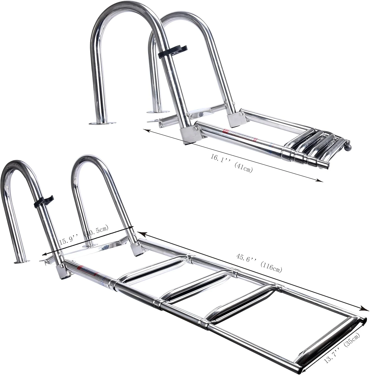 نردبان قایق 4 پله استیل YaeMarine، نردبان تاشو اسکله، نردبان شنا، نردبان عرشه شنا، ورود از عقب با سکوی بالایی شنا و پله فوق العاده پهن