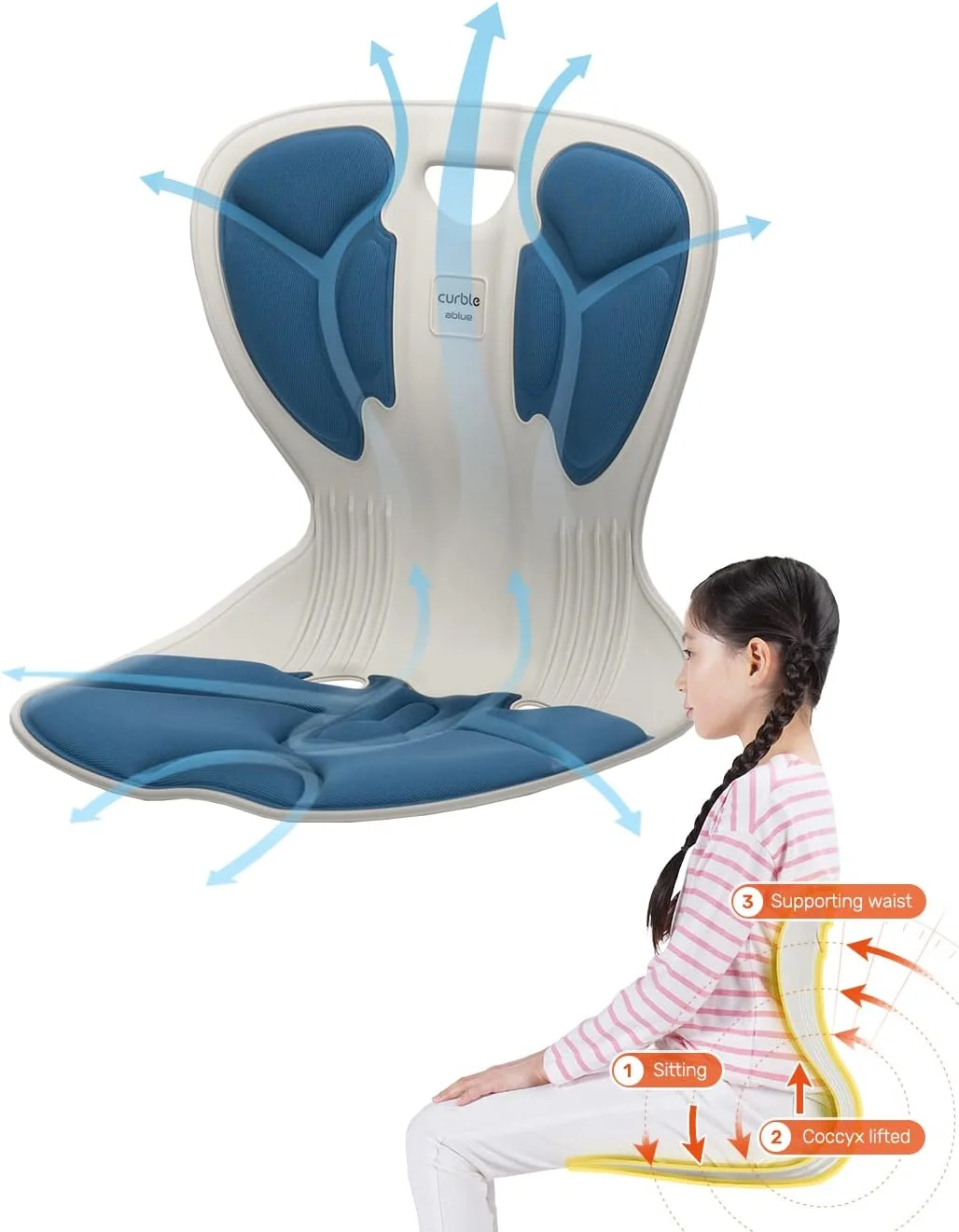 صندلی کربل [کودک]، پشتیبانی ارگونومیک از کمر، اصلاح کننده کوچک و انعطاف پذیر وضعیت بدن برای کودکان و نوجوانان، ایده آل برای یوگا، مدیتیشن، مدرسه، میز، صندلی زمینی (آبی)