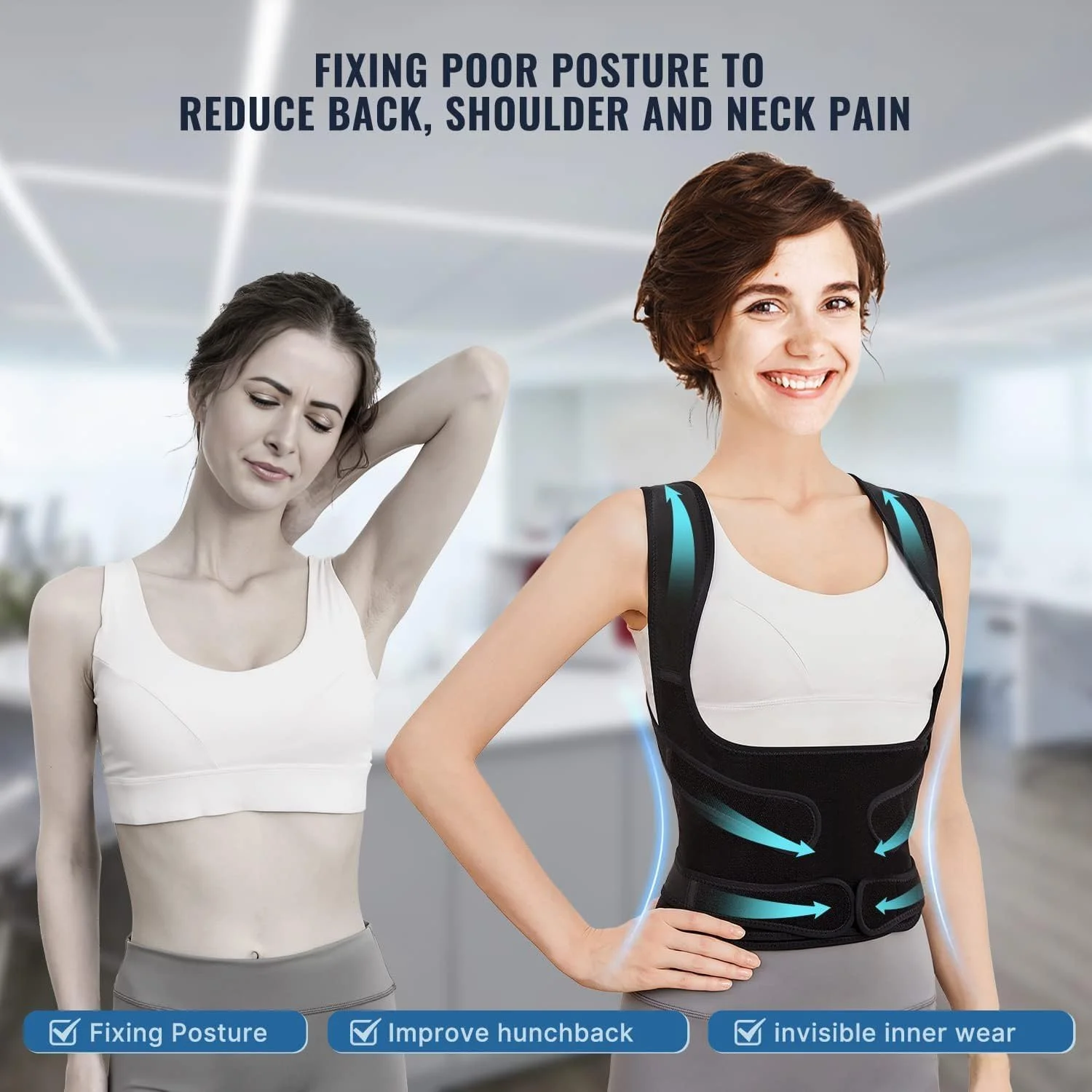 FDTY اصلاح کننده وضعیت بدن، مناسب برای زنان و مردان، صاف کننده شانه، پشتیبانی کامل قابل تنظیم از کمر، تسکین درد قسمت فوقانی و تحتانی کمر - اسکولیوز، قوز، کیفوز، ستون فقرات (L)