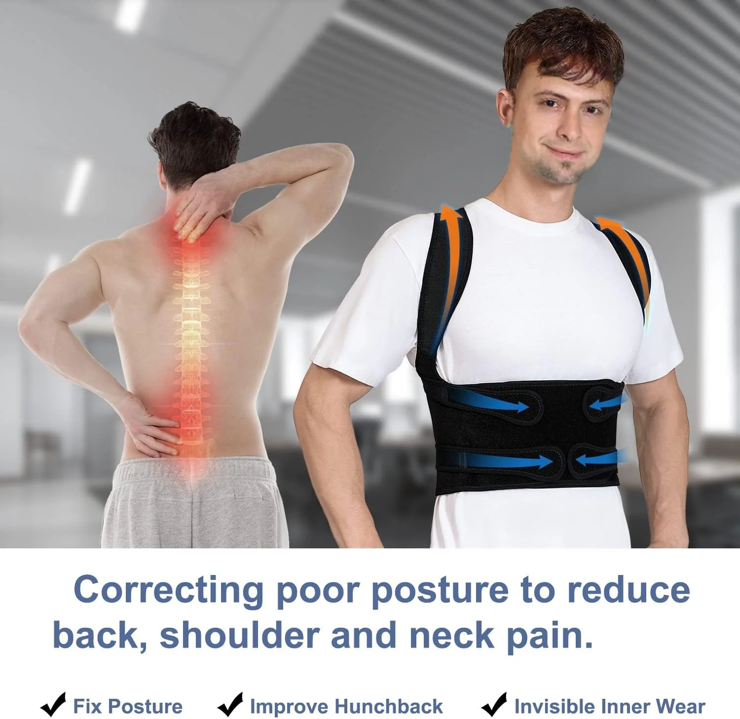 FDTY اصلاح کننده وضعیت بدن، مناسب برای زنان و مردان، صاف کننده شانه، پشتیبانی کامل قابل تنظیم از کمر، تسکین درد قسمت فوقانی و تحتانی کمر - اسکولیوز، قوز، کیفوز، ستون فقرات (L)