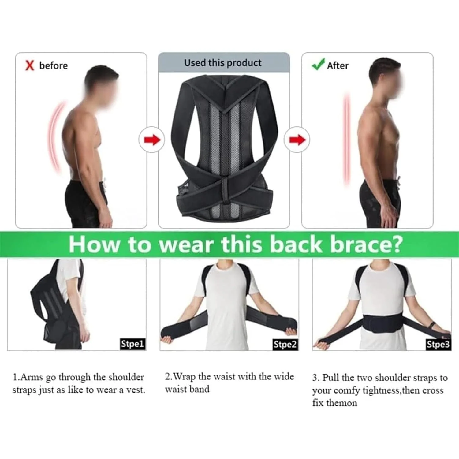 اصلاح کننده وضعیت بدن هالامودو برای زنان و مردان، صاف کننده قابل تنظیم قسمت بالای کمر و تسکین دهنده درد گردن، شانه و قسمت بالای کمر (مشکی، بزرگ)