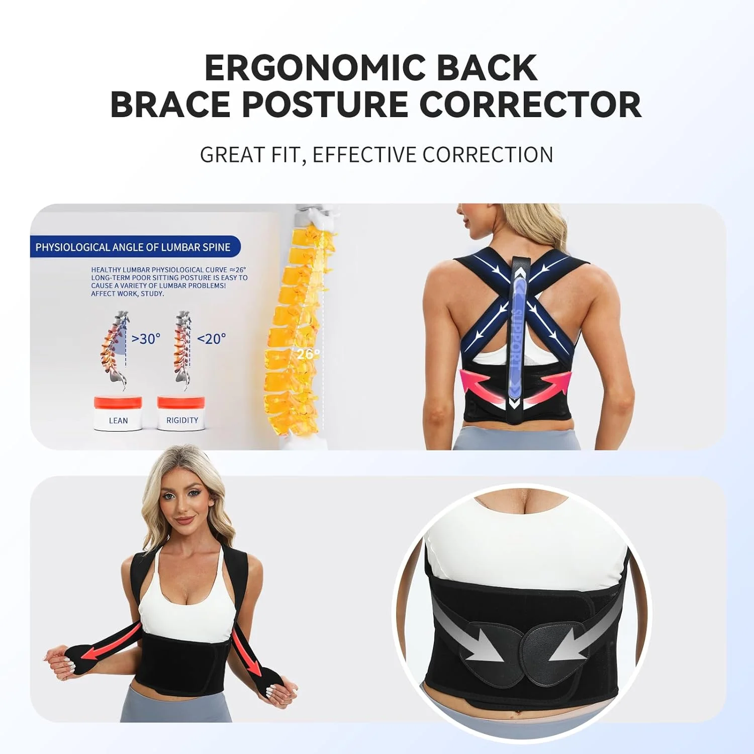اصلاح کننده وضعیت بدن، مناسب برای بانوان و آقایان، صاف کننده شانه قابل تنظیم، پشتیبانی از کمر برای تسکین درد قسمت فوقانی و تحتانی کمر، مناسب برای اسکولیوز، قوز، خمیدگی، اصلاح کننده ستون فقرات