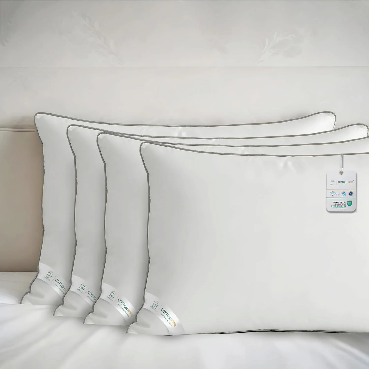 بالش پنبه‌ای هوم مدل Delight، ابعاد 50X70 سانتی‌متر، دارای نوار خاکستری، بسیار نرم، مناسب خواب، لوکس، ضد باکتریال، دارای ساپورت جانبی، نرم و لطیف، جایگزین پر، میکروفایبر، بسته 4 عددی