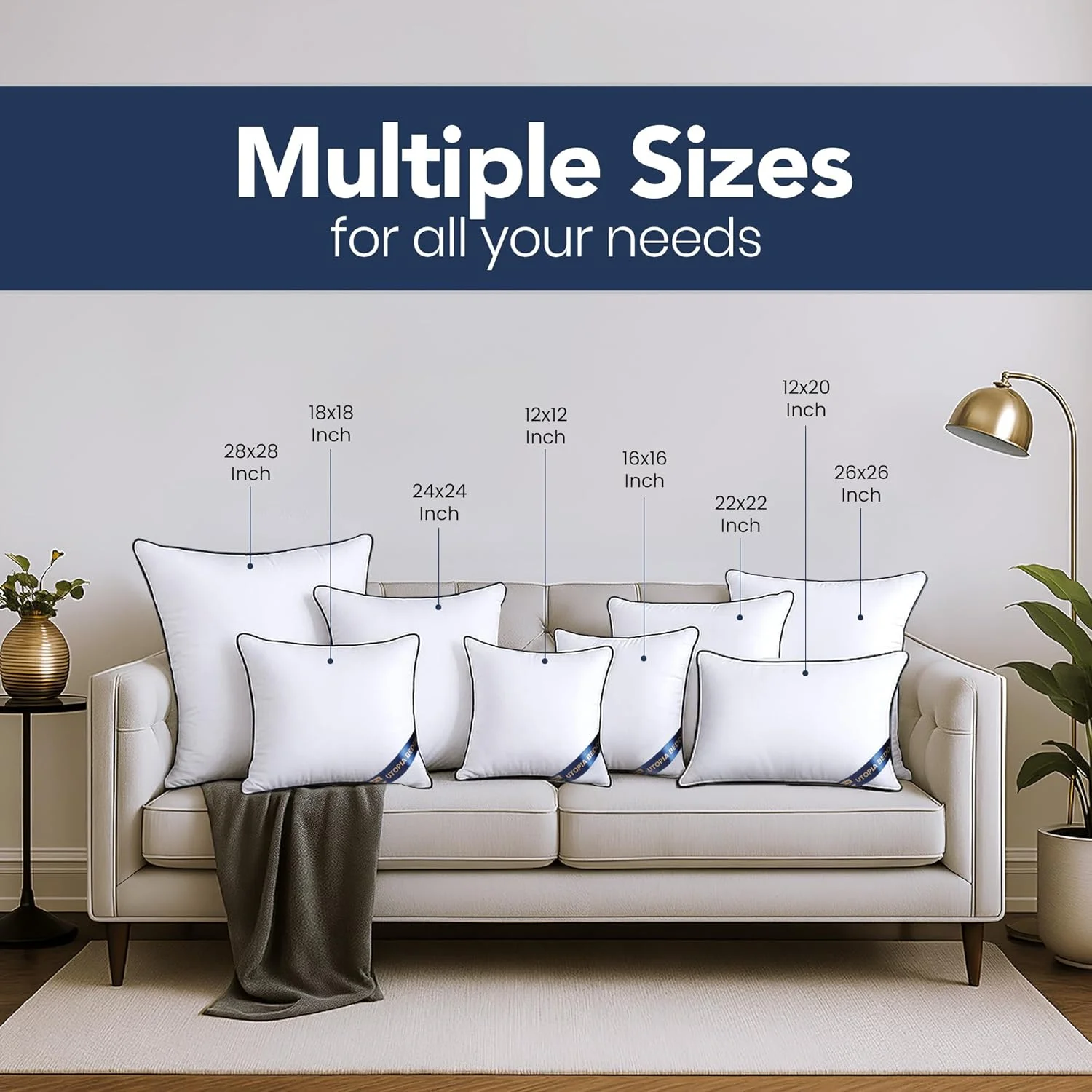 بالشتک های داخلی یوتوپیا بدینگ (بسته 4 عددی)، 40 × 40 سانتی متر، بالشتک های مستطیلی تزئینی، پرکننده کوسن برای مبل و کاناپه (سفید)