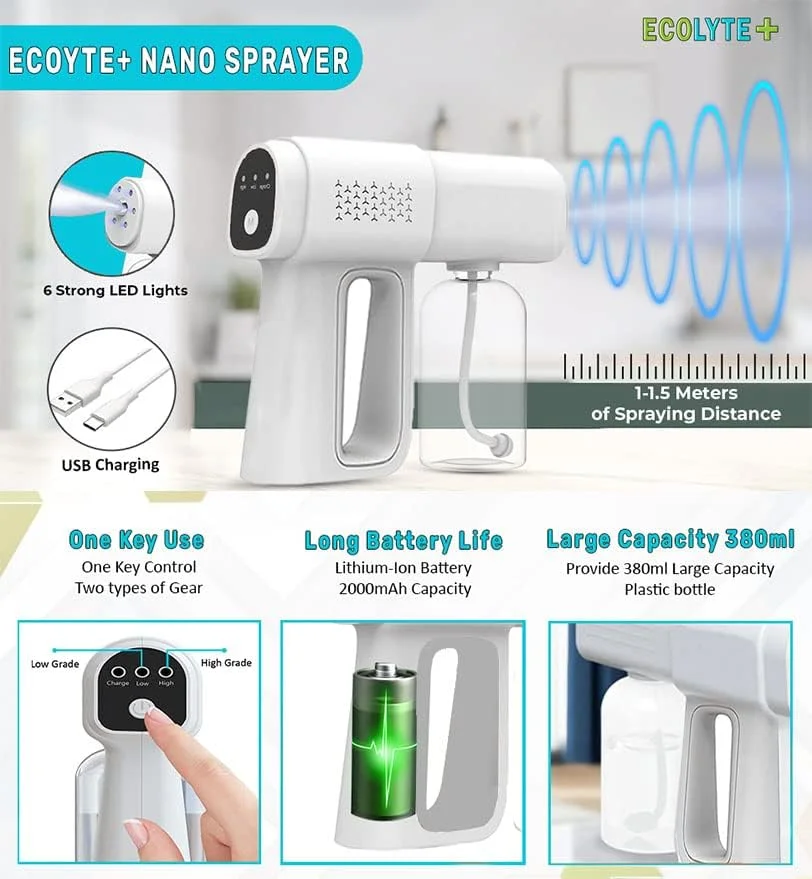 تفنگ ضدعفونی کننده نانو اسپری اکولیت+، تفنگ ضدعفونی کننده اتمیزه نور آبی قابل شارژ دستی برای خانه، دفتر، مدرسه یا باغ (380 میلی لیتر) تفنگ ضدعفونی کننده نانو اسپری اکولیت+، تفنگ ضدعفونی کننده اتمیزه نور آبی قابل شارژ دستی برای خانه، دفتر، مدرسه یا باغ (380 میلی لیتر)