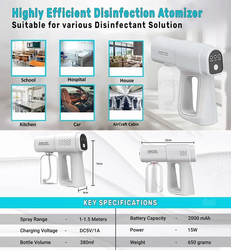 تفنگ ضدعفونی کننده نانو اسپری اکولیت+، تفنگ ضدعفونی کننده اتمیزه نور آبی قابل شارژ دستی برای خانه، دفتر، مدرسه یا باغ (380 میلی لیتر) تفنگ ضدعفونی کننده نانو اسپری اکولیت+، تفنگ ضدعفونی کننده اتمیزه نور آبی قابل شارژ دستی برای خانه، دفتر، مدرسه یا باغ (380 میلی لیتر)