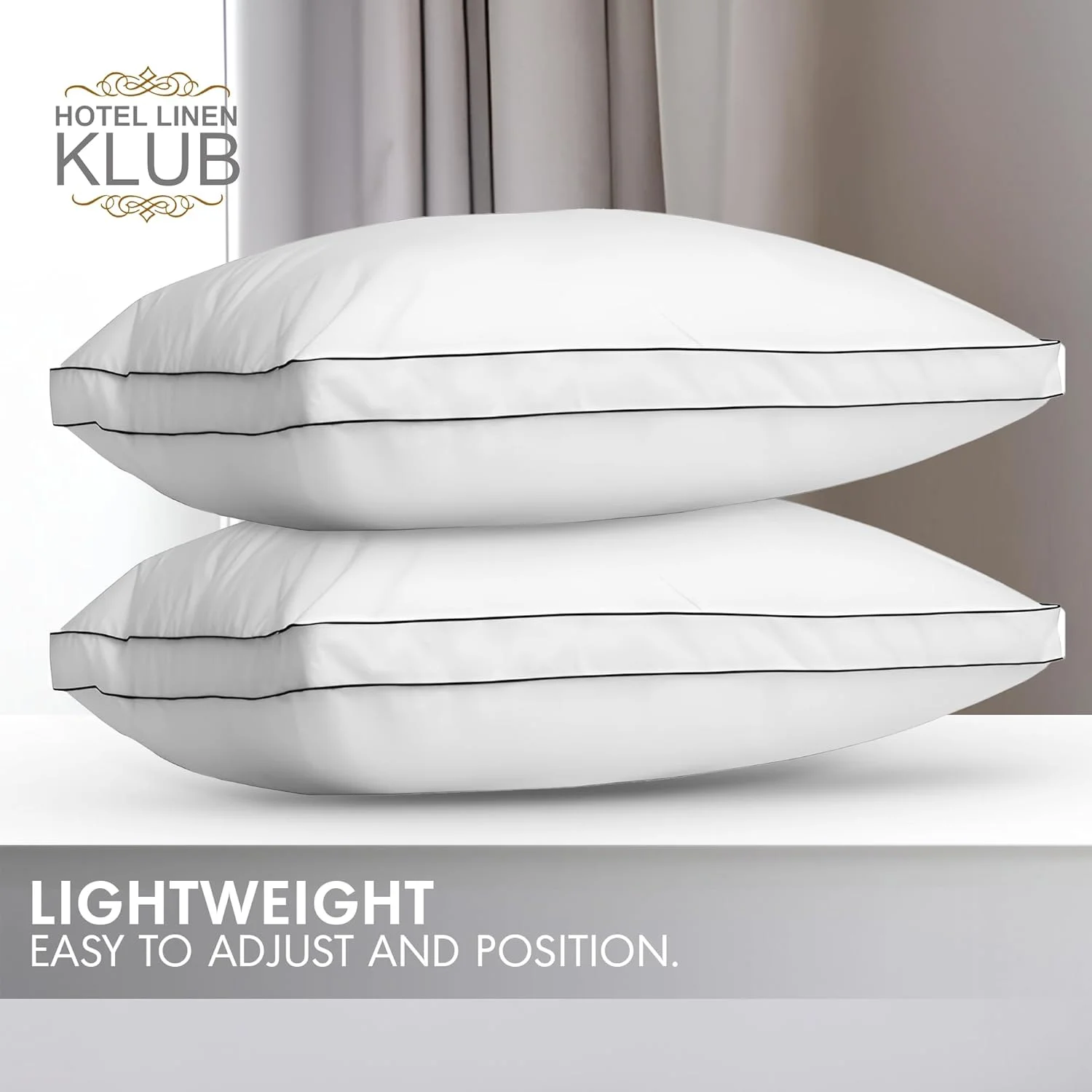 ست دو عددی بالش الیاف جایگزین پر هتل لینن کلاب با لبه دوزی دوبل - 100% پنبه ضد پر، سایز: 50 در 75 سانتی متر، 1500 گرم در هر عدد، بالش های با کیفیت هتل، شیک و لوکس